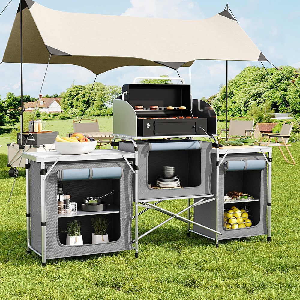 Campingtisch 175CM breite klappbare Campingküche mit Windschutz