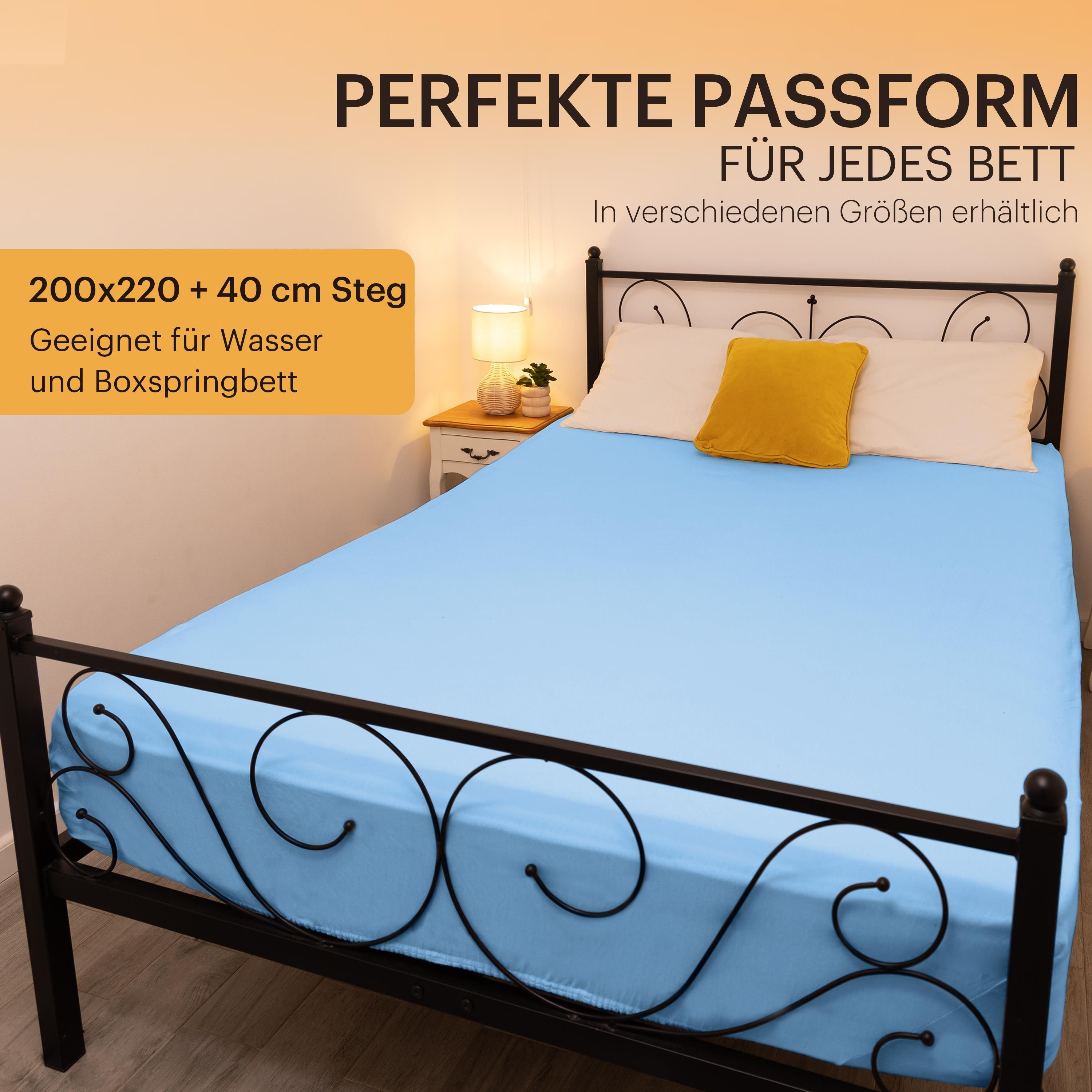 NatureMark Spannbettlaken Boxspringbett Spannbetttuch 200x220cm, Baumwolle, Gummizug: rundum, (1 Stück), 40 cm Steghöhe - 200 x 220cm Spannbetttuch, Hell blau – Bild 4 von 5
