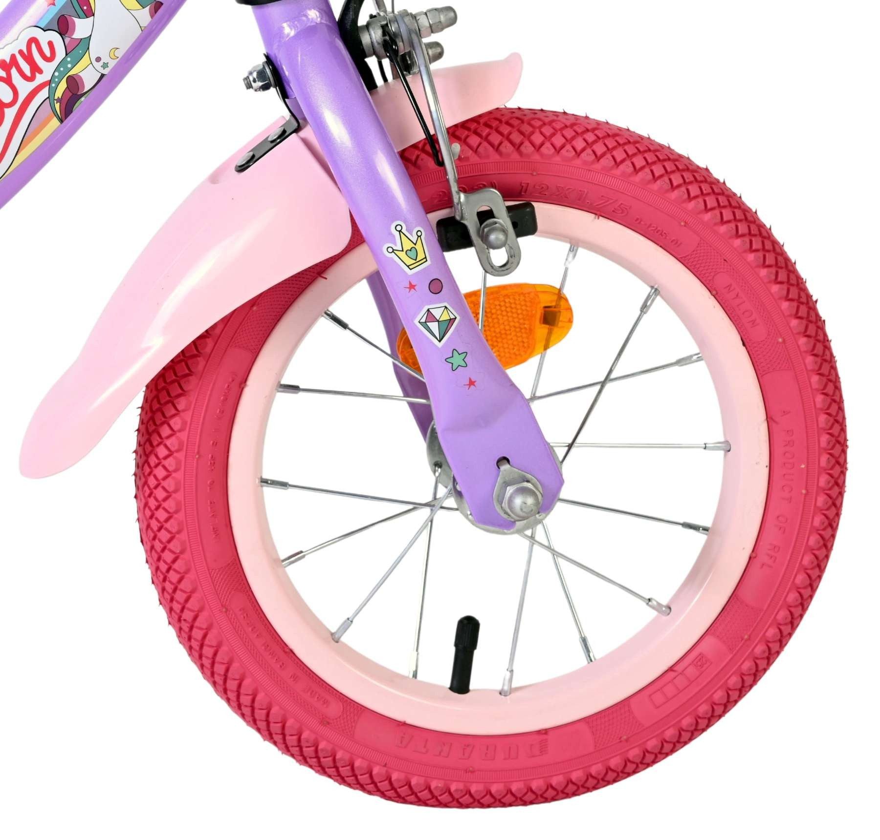 Volare Kinderfahrrad Unicorn Mädchen 12 Zoll – Lila - Hand- & Rücktrittbremse, Puppensitz, Geschlossener Kettenschutz, Reflektoren vorne, Luftreifen
