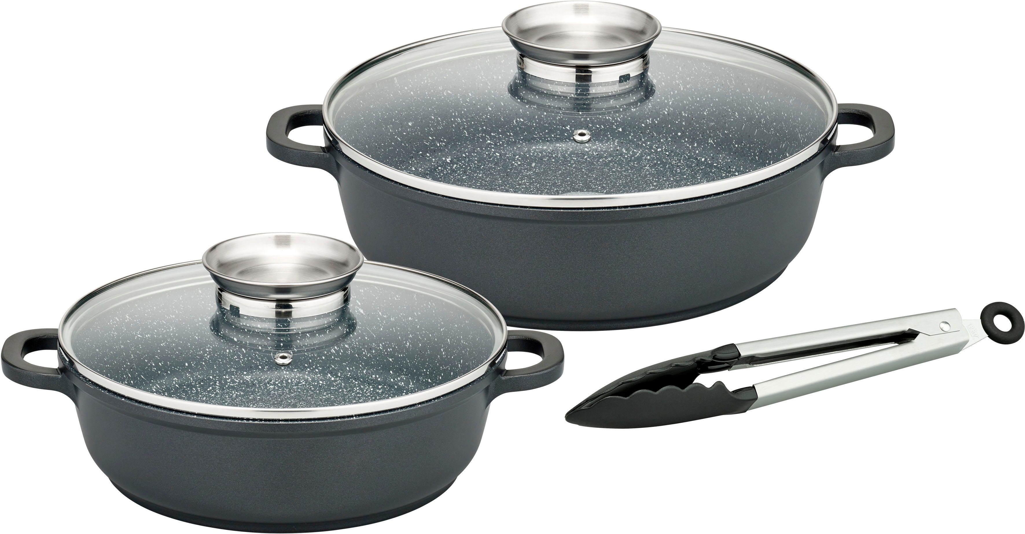 GSW Сковороды-Set Gourmet Granit, Aluminiumguss (Set, 5-tlg., 1x Servierpfanne mit Glasdeckel 24cm, 28cm, Servierzange), Aluminium-Guss, VITAFLON® GRANIT Antihaft-Versiegelung, Induktion