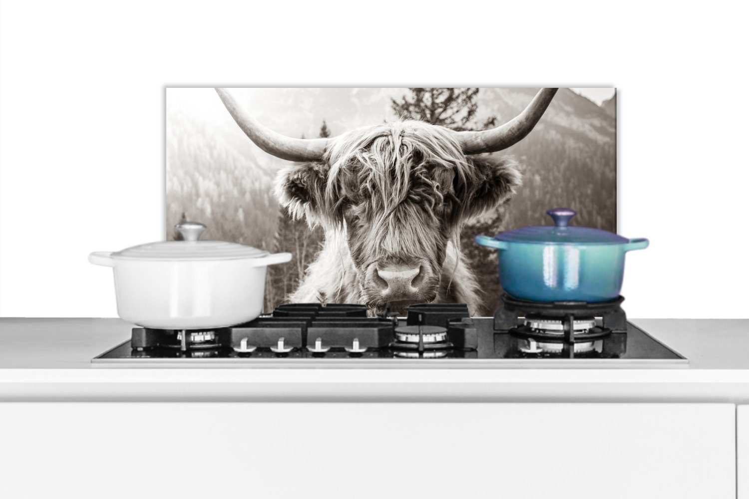 MuchoWow Küchenrückwand Kuh - Schottischer Highlander - Schwarz - Weiß, (1-tlg), 60x30 cm, Wandschutz, gegen Fett und Schmutzflecken für Küchen