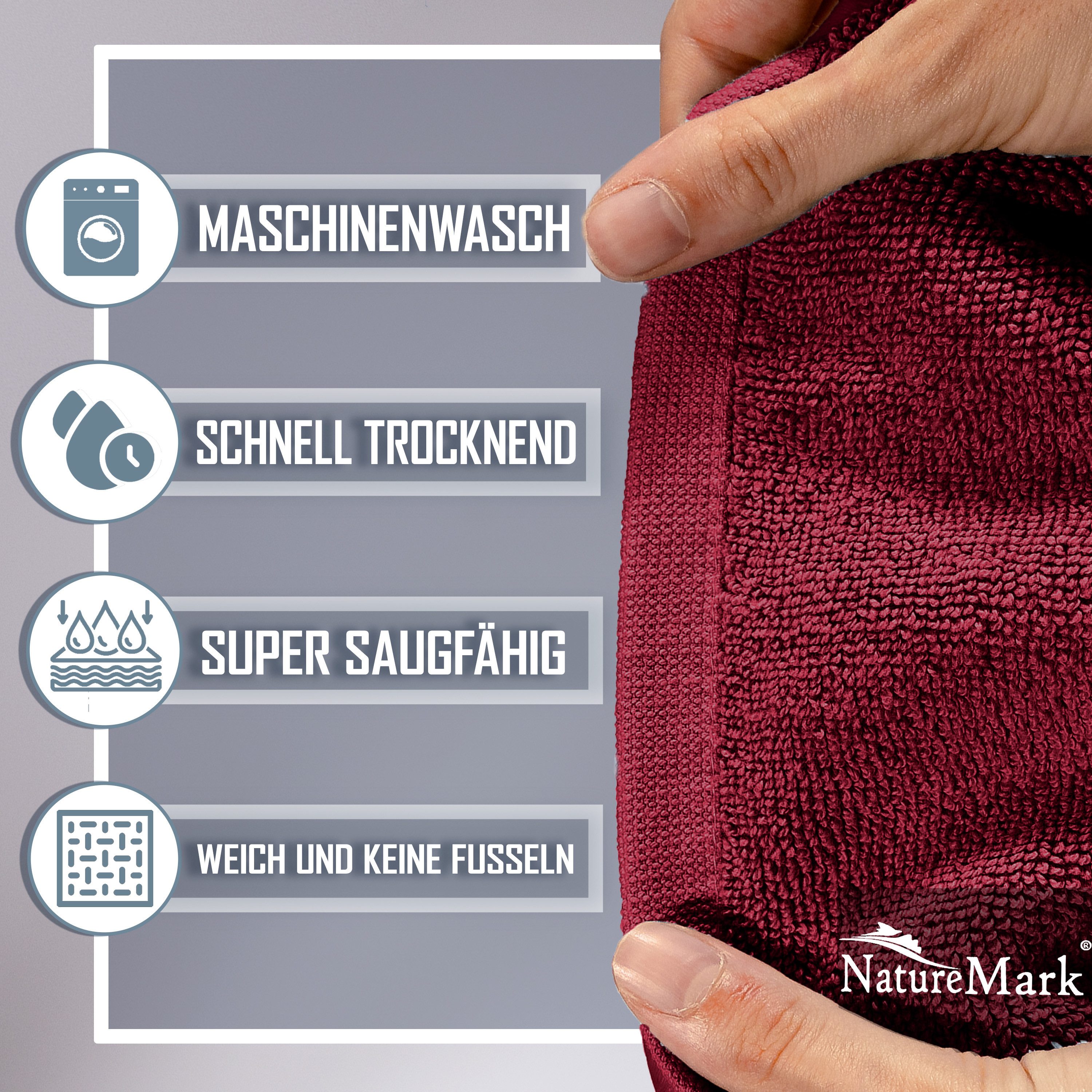 NatureMark Badematte 2er-Set Badvorleger 50x80cm, strapazierfähig, Baumwolle, rechteckig, Badematte 2-tlg., Duschmatte Duschvorleger, Premium Qualität, 50x80cm, Bordeaux rot