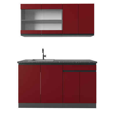 Vicco Küchenzeile R-Line, Rot/Anthrazit, 140 cm J-Shape