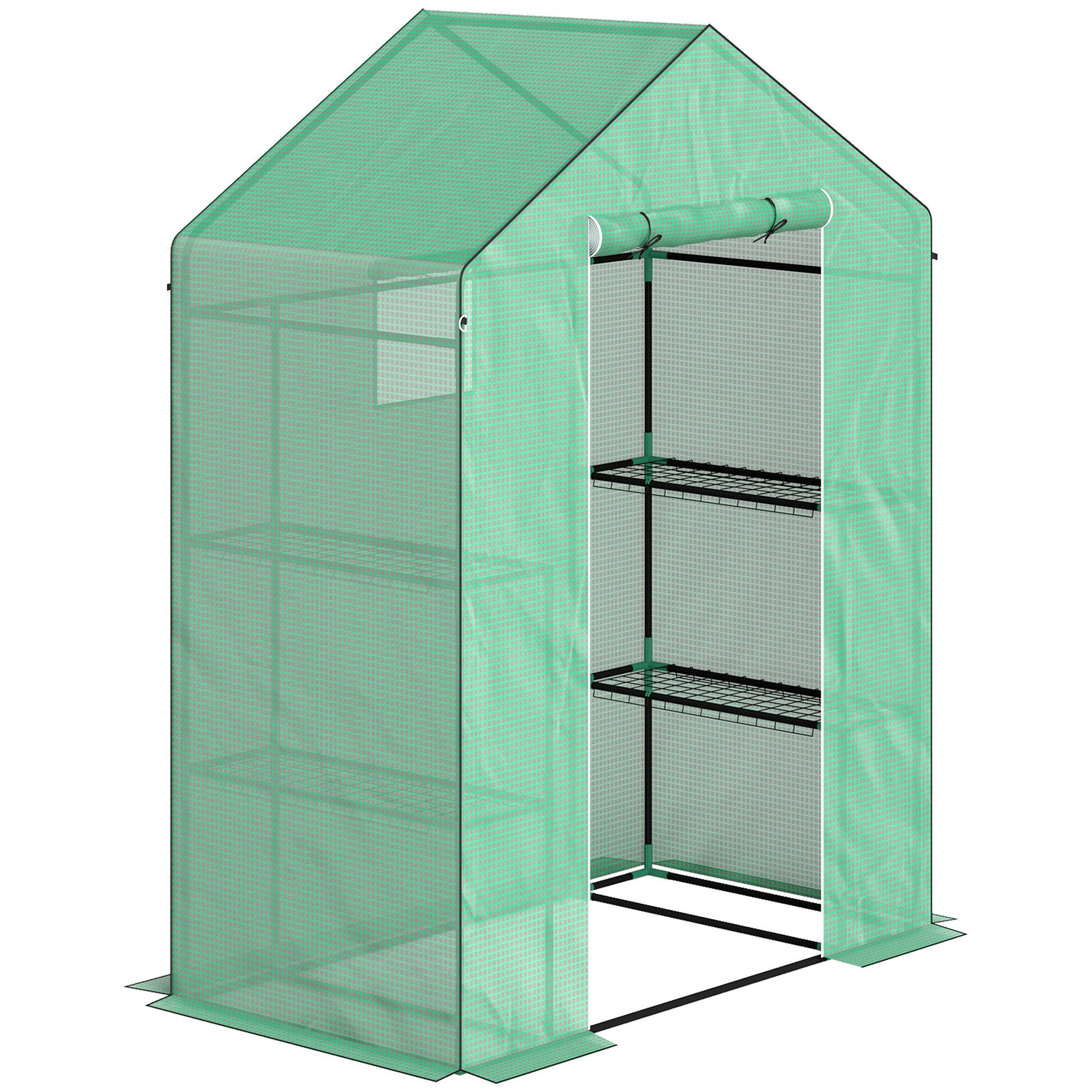 Gewächshaus mit Rolltür, Fenster, Regale, winterfest Foliengewächshaus aus Stahl