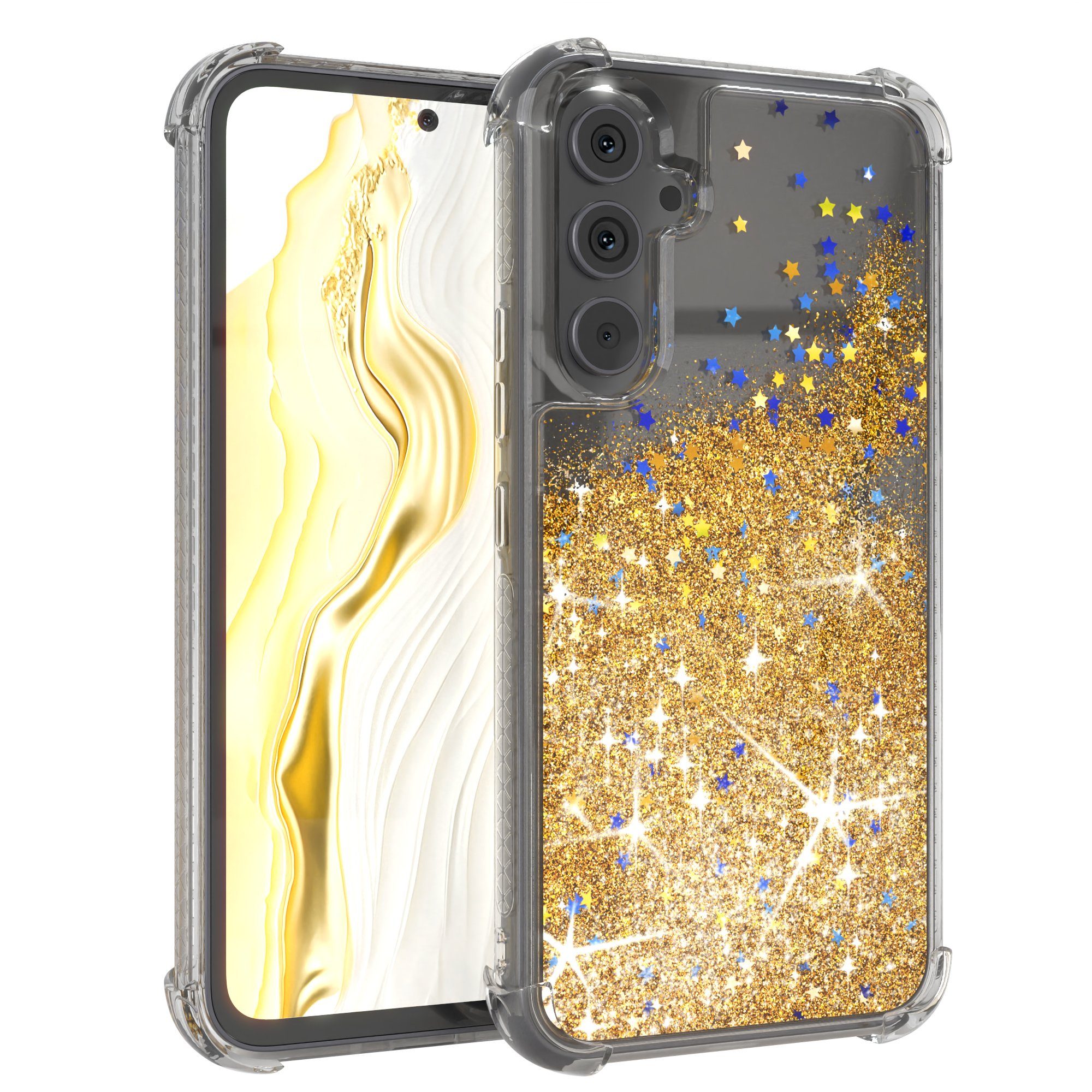 EAZY CASE Handyhülle Liquid Glittery Case für Samsung Galaxy A54 (5G) 6,4 Zoll, Durchsichtig Back Case Handy Softcase Silikonhülle Glitzer Cover Gold
