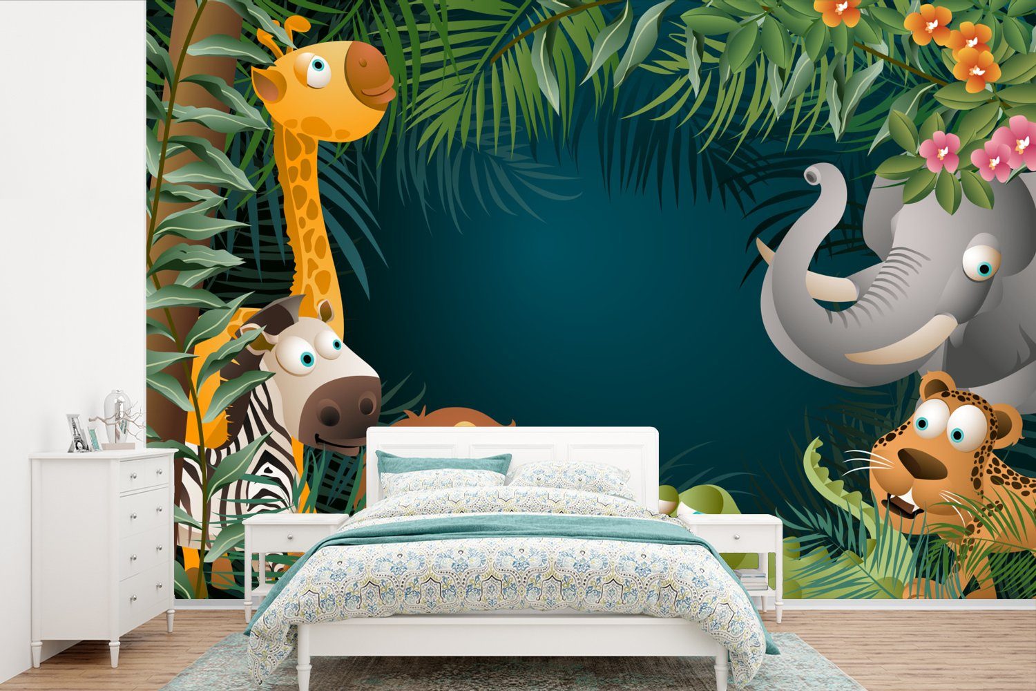 MuchoWow Fototapete Farben - Wohnzimmer, Vinyl - Kinderzimmer, - Blätter Tapete St), - Kinder, Mädchen - Matt, Wallpaper (6 für Jungen Dschungeltiere Schlafzimmer, bedruckt