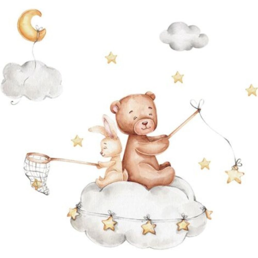 Montegoni Wandsticker Bär & Hase Wolken Wandsticker mit Mond und Sternen – Kinderzimmer (1 Set Wandsticker Bär Hase Wolken Mond Sterne), Selbstklebend, abnehmbar, wasserfest, rückstandslos entfernbar