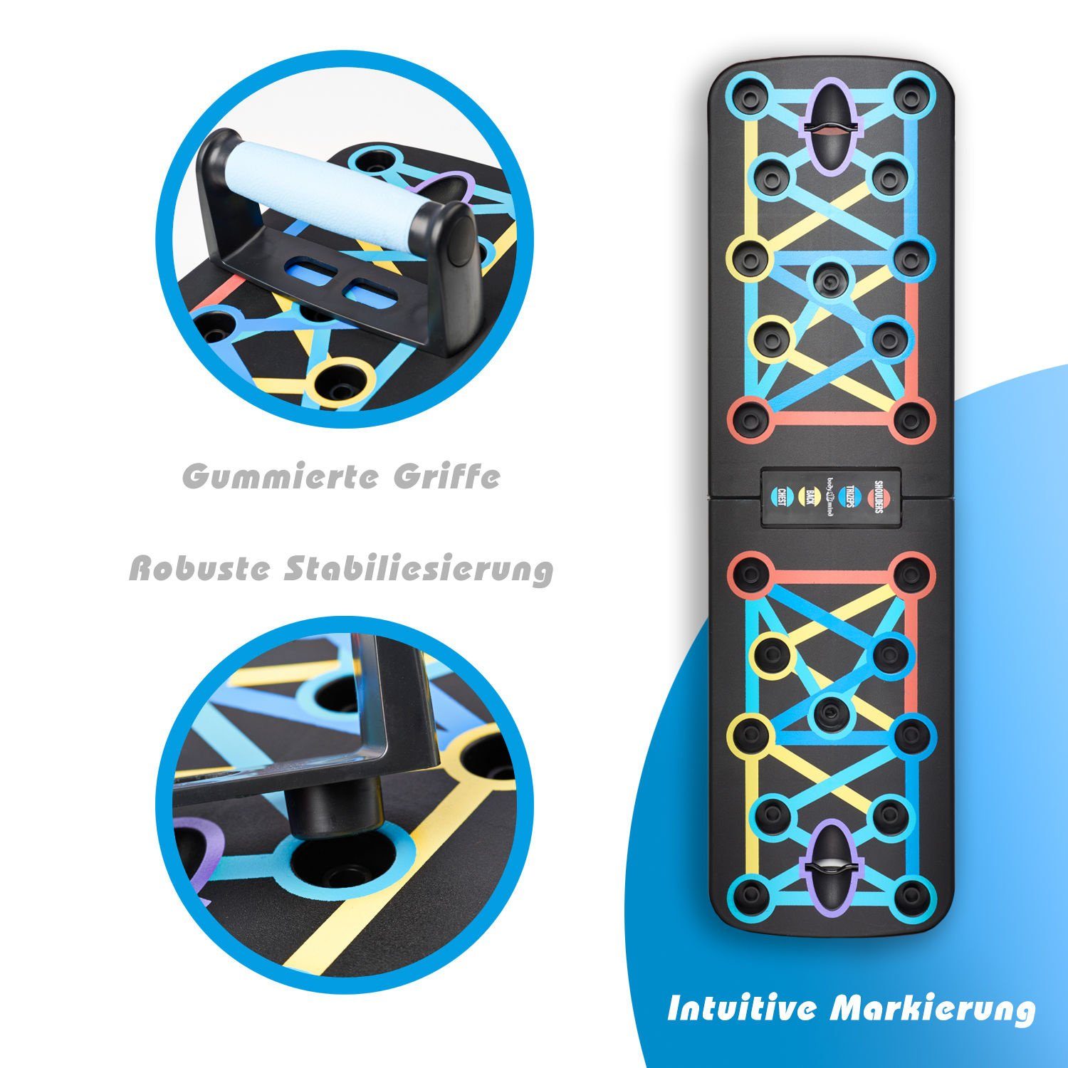 Body & Mind Liegestützgriffe 20-in-1 Liegestützbrett mit Griffen & Widerstandsbändern – Klappbar (Faltbares Multifunktions Fitness-Board, Ganzkörper-Training), Gratis Trainingsbänder