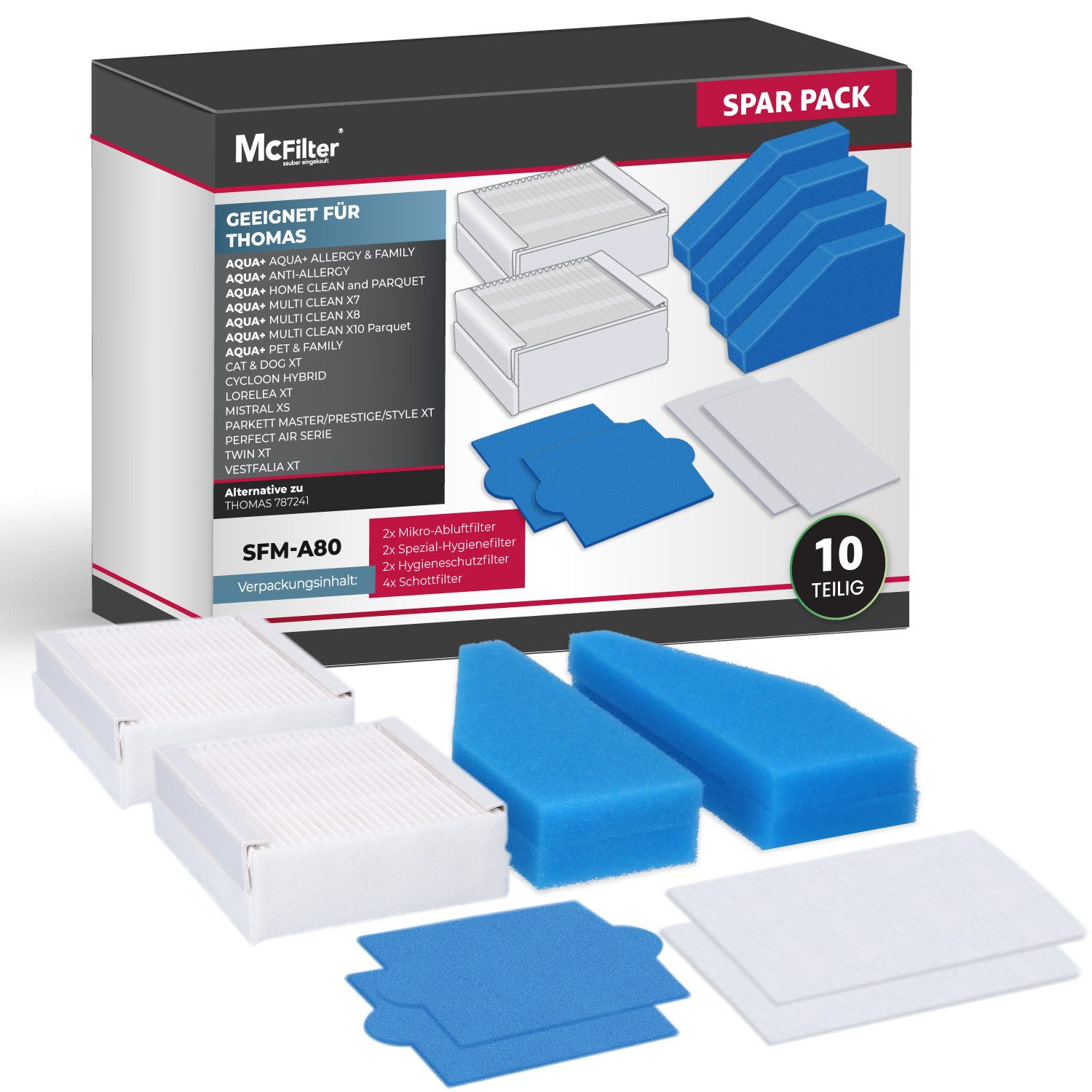 McFilter Filter-Set 10-teilig, Hygienefilter Abluftfilter passend für THOMAS AQUA+ PET &, FAMILY ALLERGY & MULTI CLEAN, Alternative für Filterset 99 (787241)