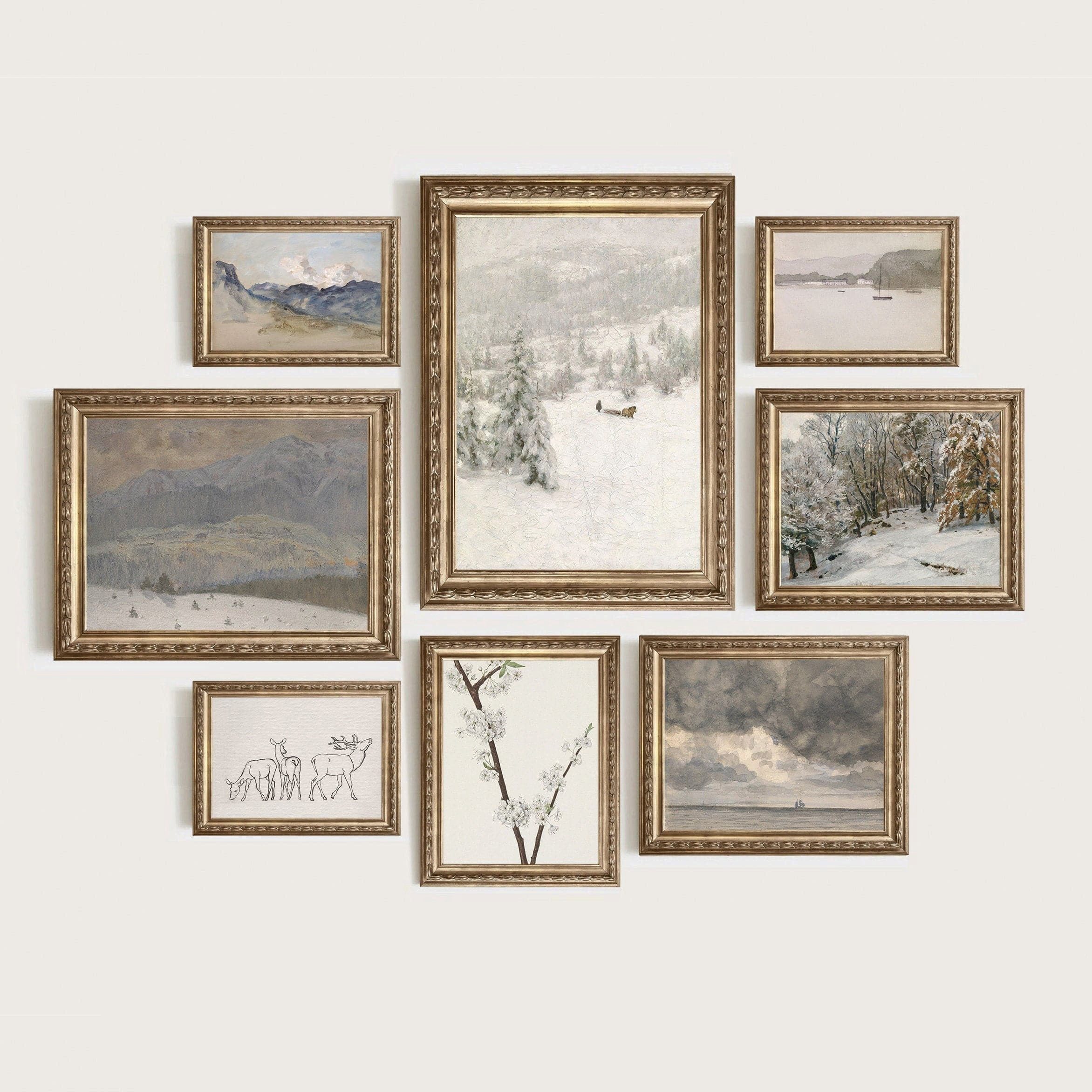 JUSTGOODMOOD Poster Vintage Galerie Wand Kunst Landschaft Schnee Berge und Wälder Natur al, F (1 St)