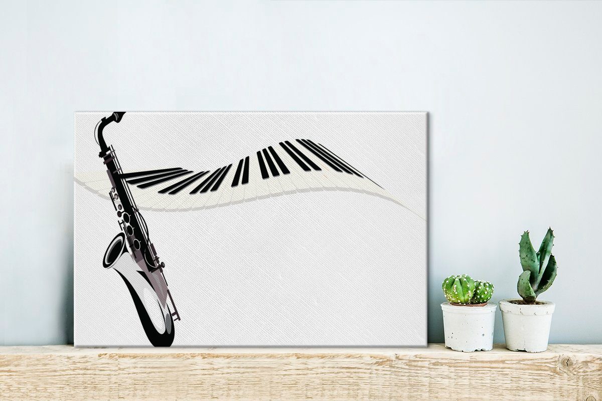 Wandbild eines eines 30x20 Aufhängefertig, und Saxophons cm (1 OneMillionCanvasses® Klaviers, St), Leinwandbilder, Schwarz-Weiß-Abbildung Wanddeko, Leinwandbild