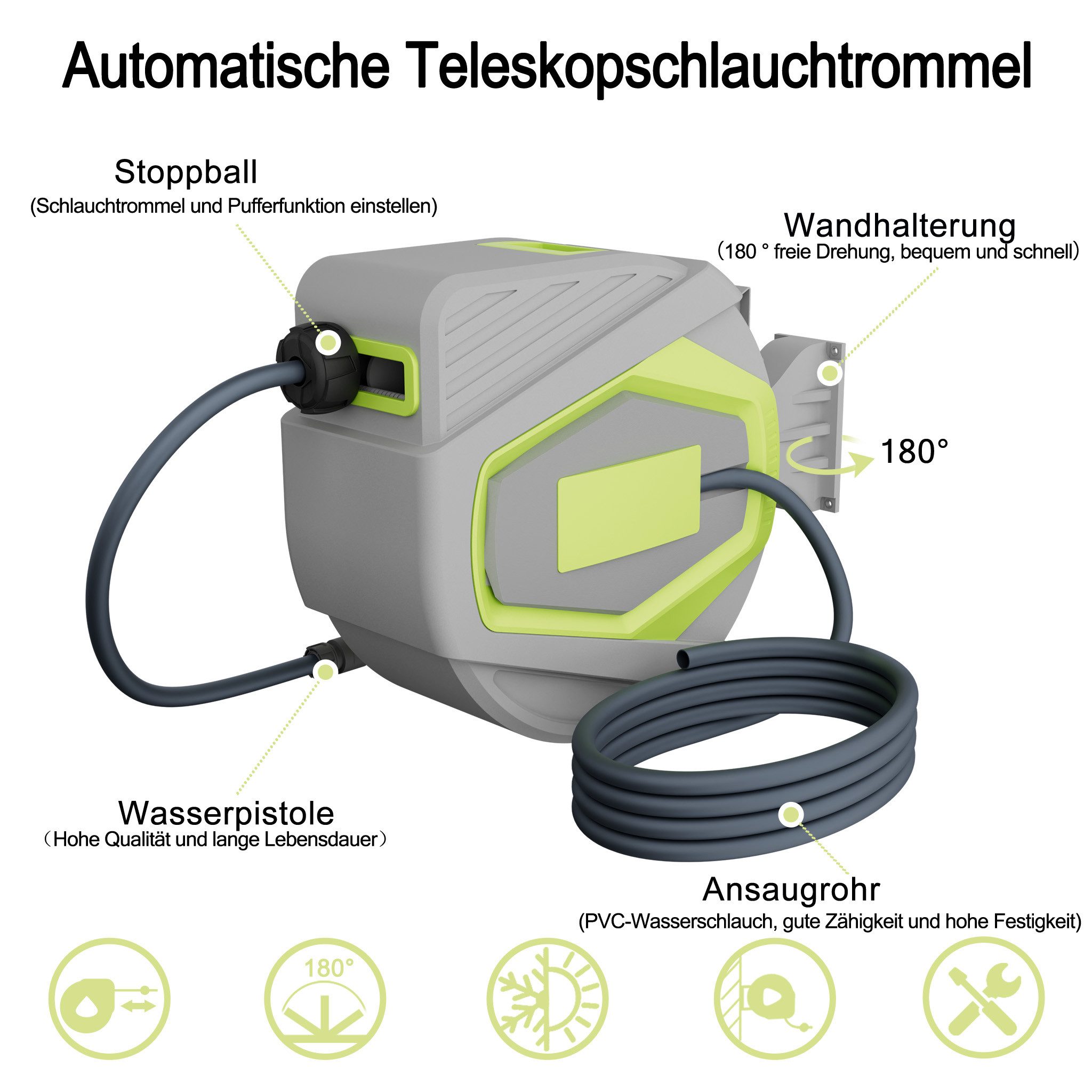 FIVMEN Schlauchtrommel 30+2m Schlauchaufroller Wandmontage mit Automatik-Aufrollung, 10 Sprühmodi, 180° Schwenkhalterung Wasserschlauchtrommel