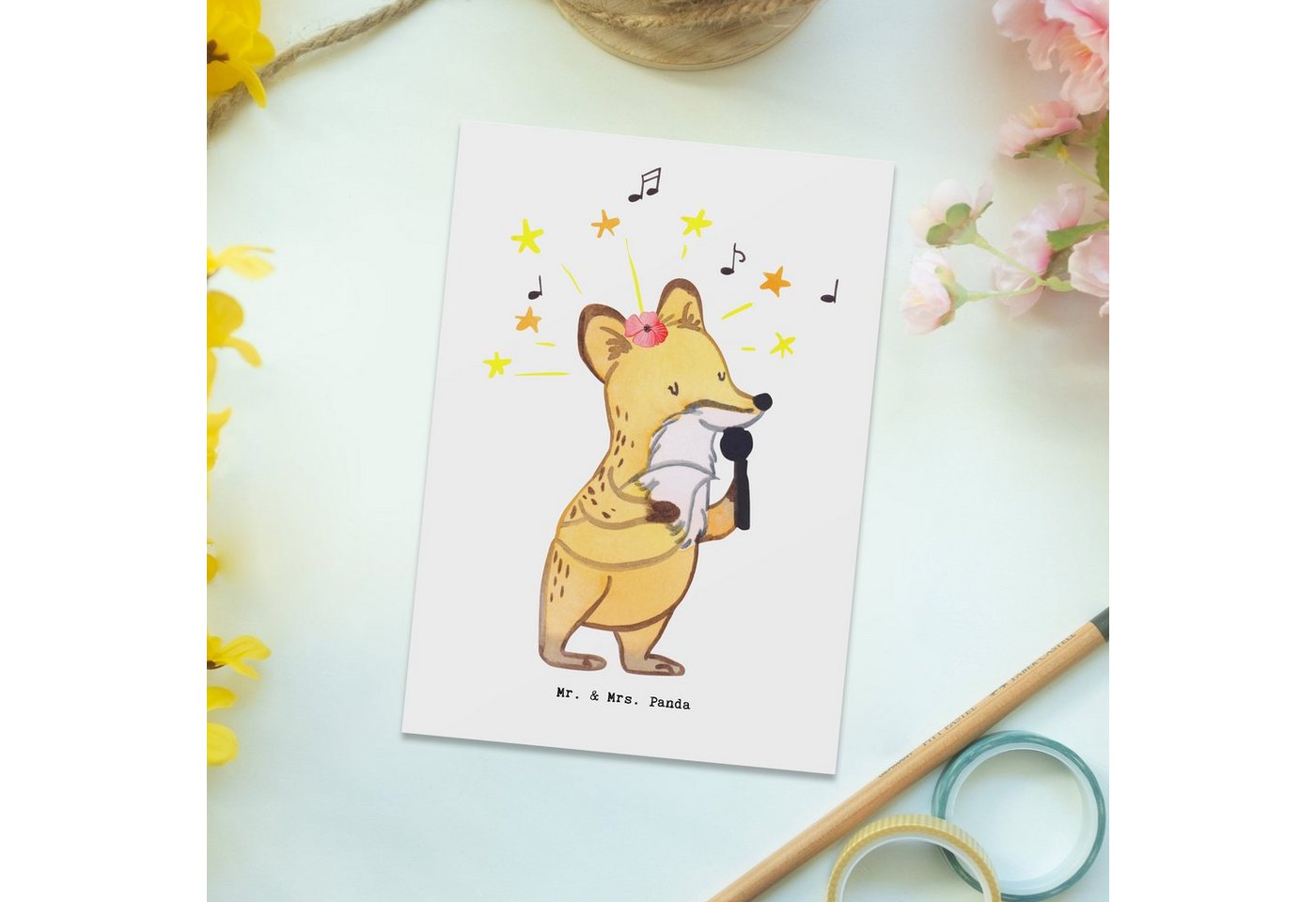 Thumbnail - Mr. & Mrs. Panda Postkarte Sängerin Herz - Weiß - Geschenk, Jubiläum, Karte, Kollegin, Ansichtsk, Witzige Sprüche