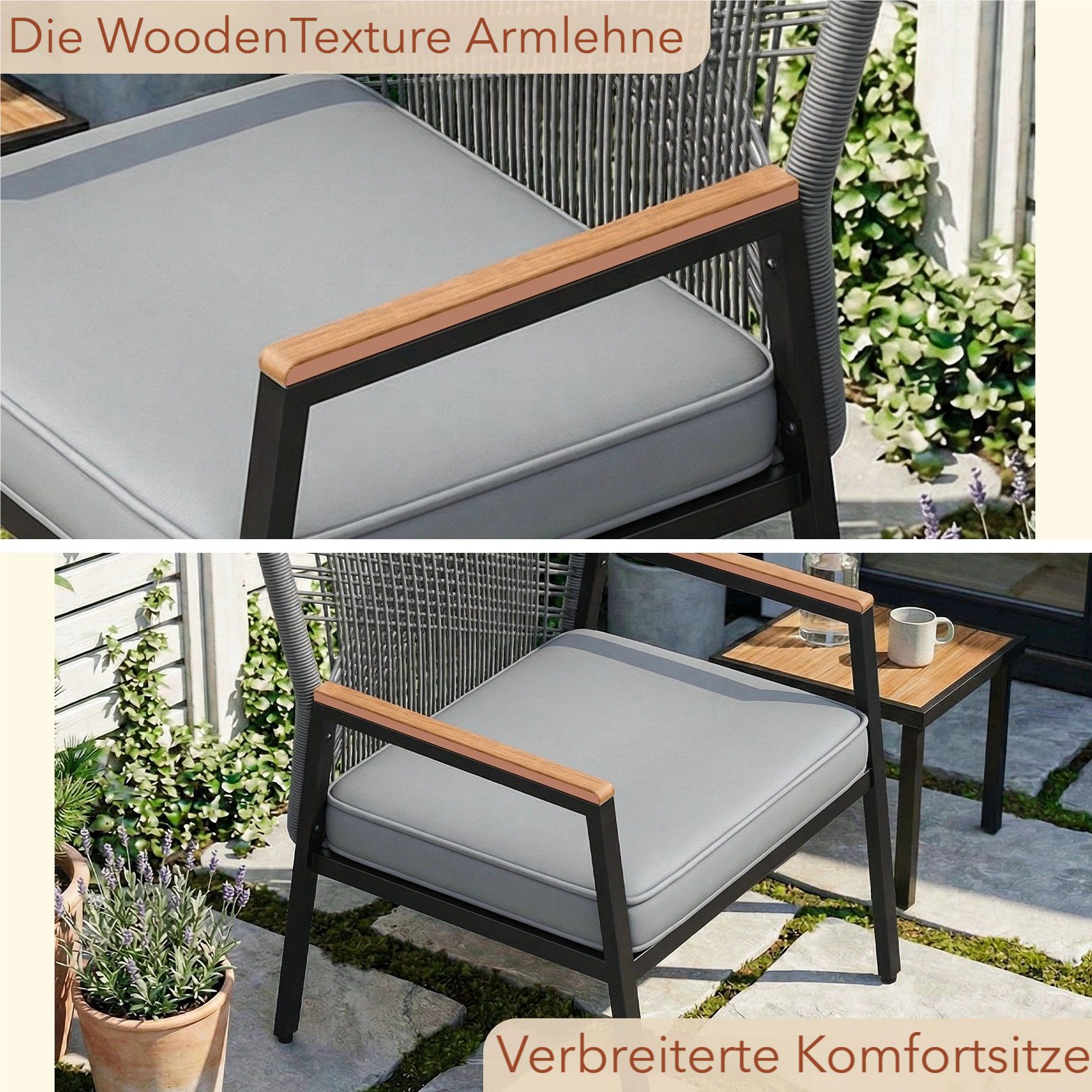 TLGREEN Gartenstuhl Eisen-Rattan Gartensessel,verbreiterter Sitz, (Balkonstühle Metall und Rattan, mit 8 cm dicken Sitzkissen, 2 St), 160 kg Belastbar für Terra – Bild 4 von 5