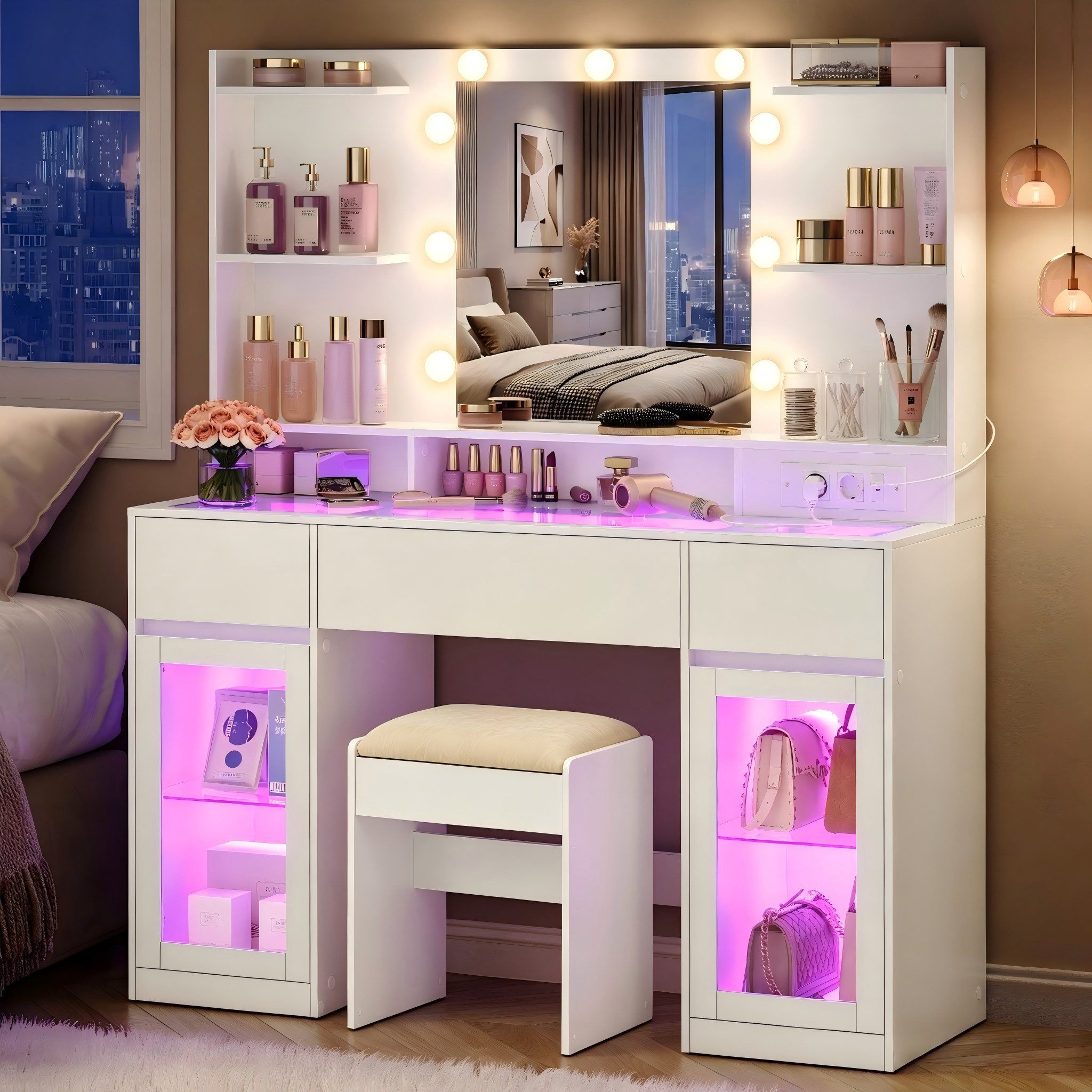 VASAGLE Schminktisch mit Spiegel, RGB-Beleuchtung und Steckdose, 107 x 40 x 144,5 cm (1 Tisch mit 1 Hocker), Holzspanplatte und Glas, mit 2 Schränken, Weiß, für Schlafzimmer