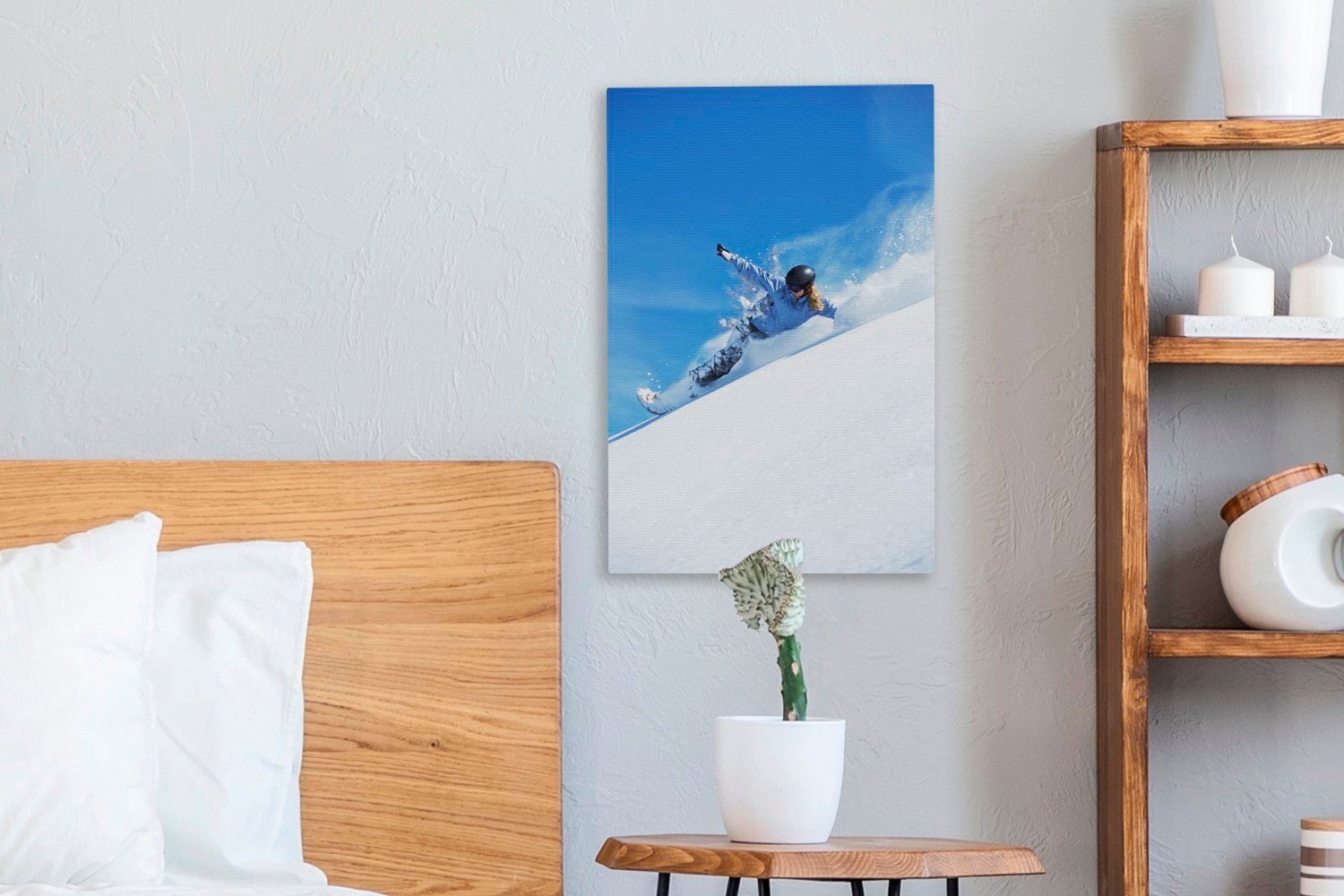 OneMillionCanvasses® Leinwandbild Ein Leinwandbild (1 cm in Gemälde, 20x30 St), Berg Snowboarder Tiefe, fertig die bespannt inkl. stürzt einem Zackenaufhänger, von