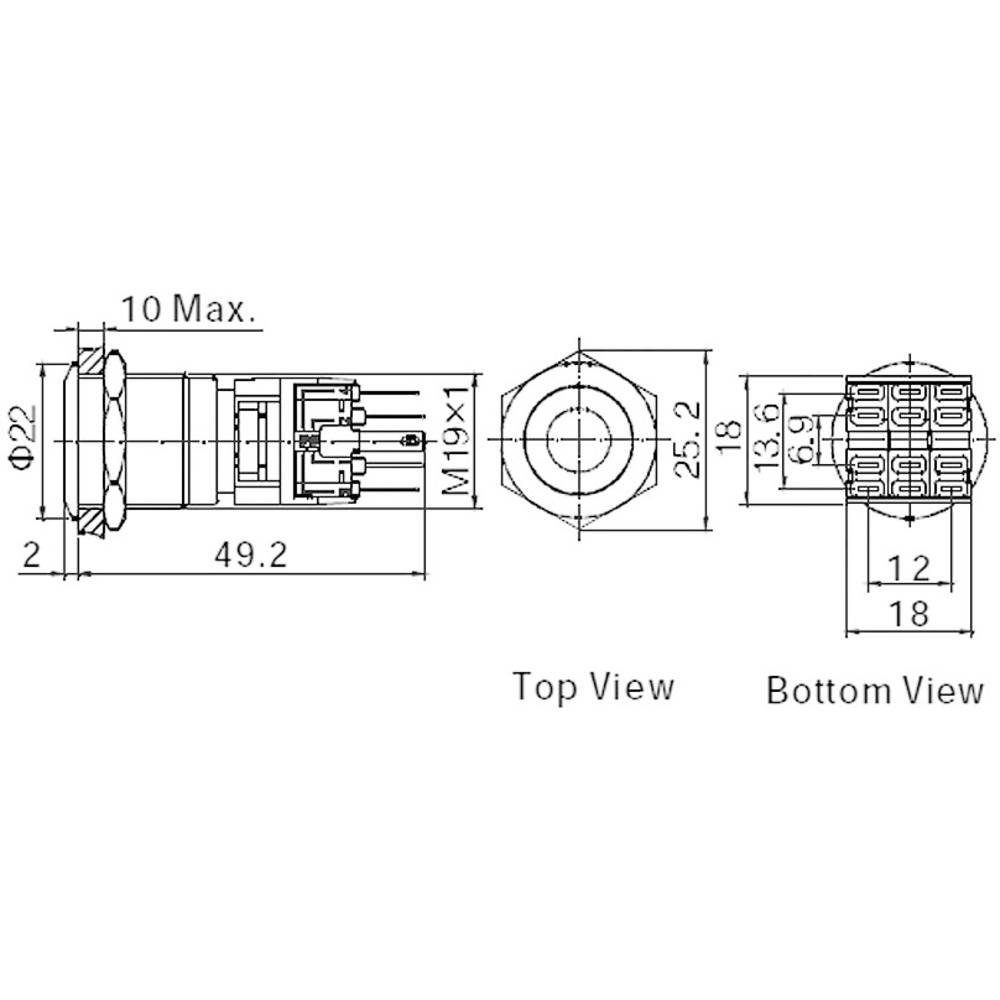 Vandalismusgeschützter 19 COMPONENTS flach V/AC 5 A, TRU Betätiger Taster Schalter mm 250