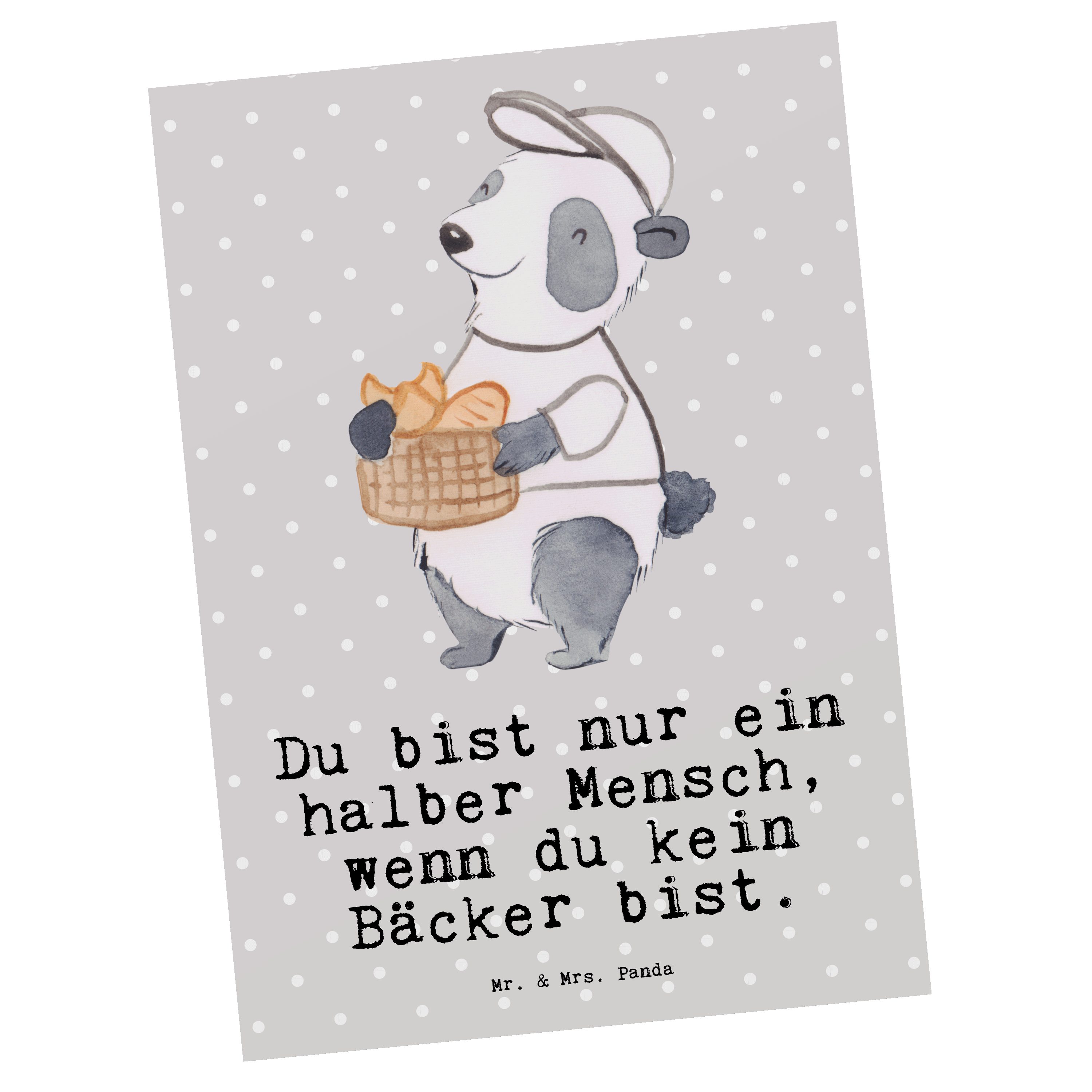 Mr. & Mrs. Panda Postkarte Grau mit Karte, - Ansichtskarte, Geschenk, Bäcker Einl Herz - Pastell