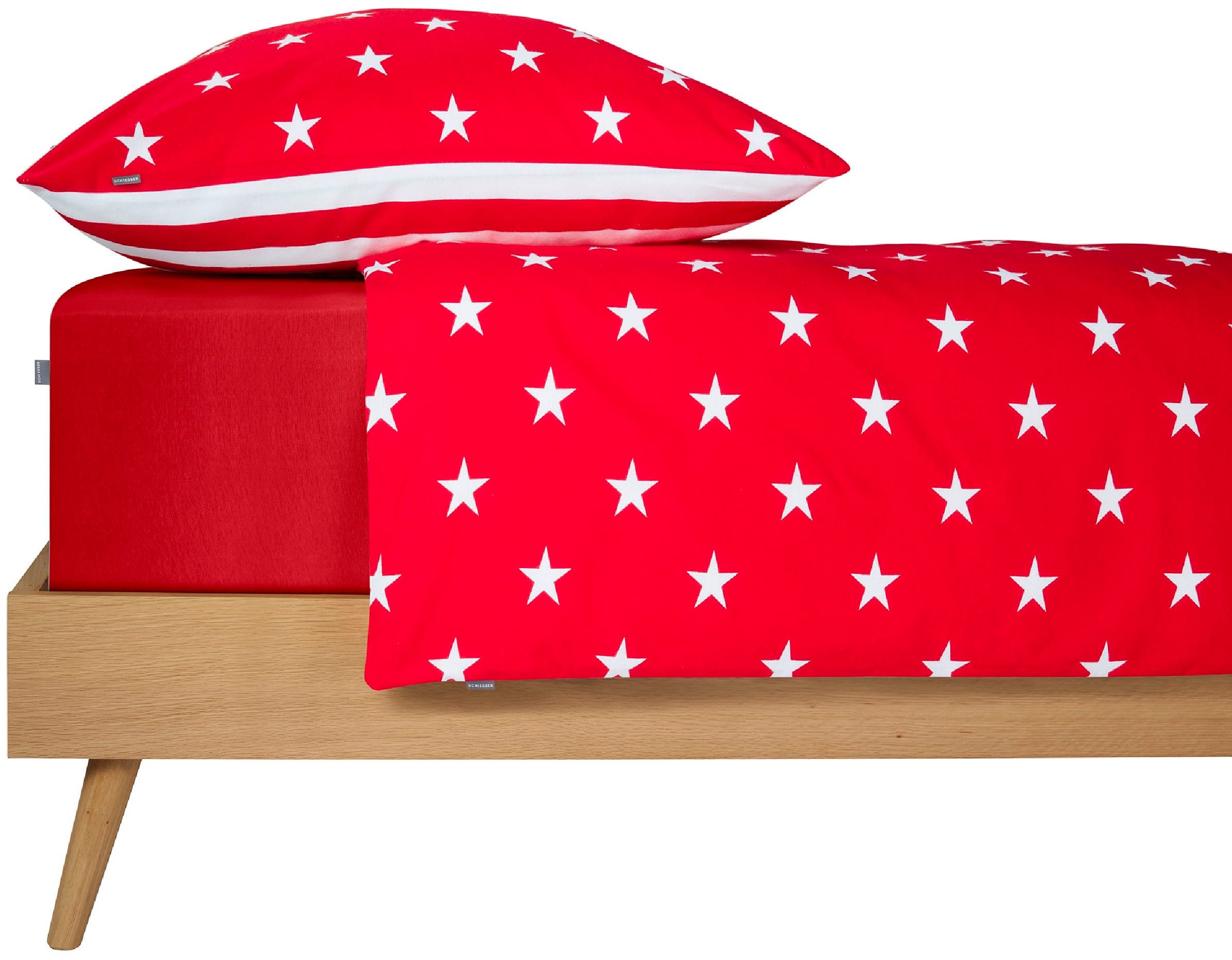 Schiesser Wendebettwäsche Stars & Stripes aus weicher Baumwolle mit Sternenprint, Feinbiber, 2 teilig, MADE IN GREEN by OEKO-TEX®-zertifiziert