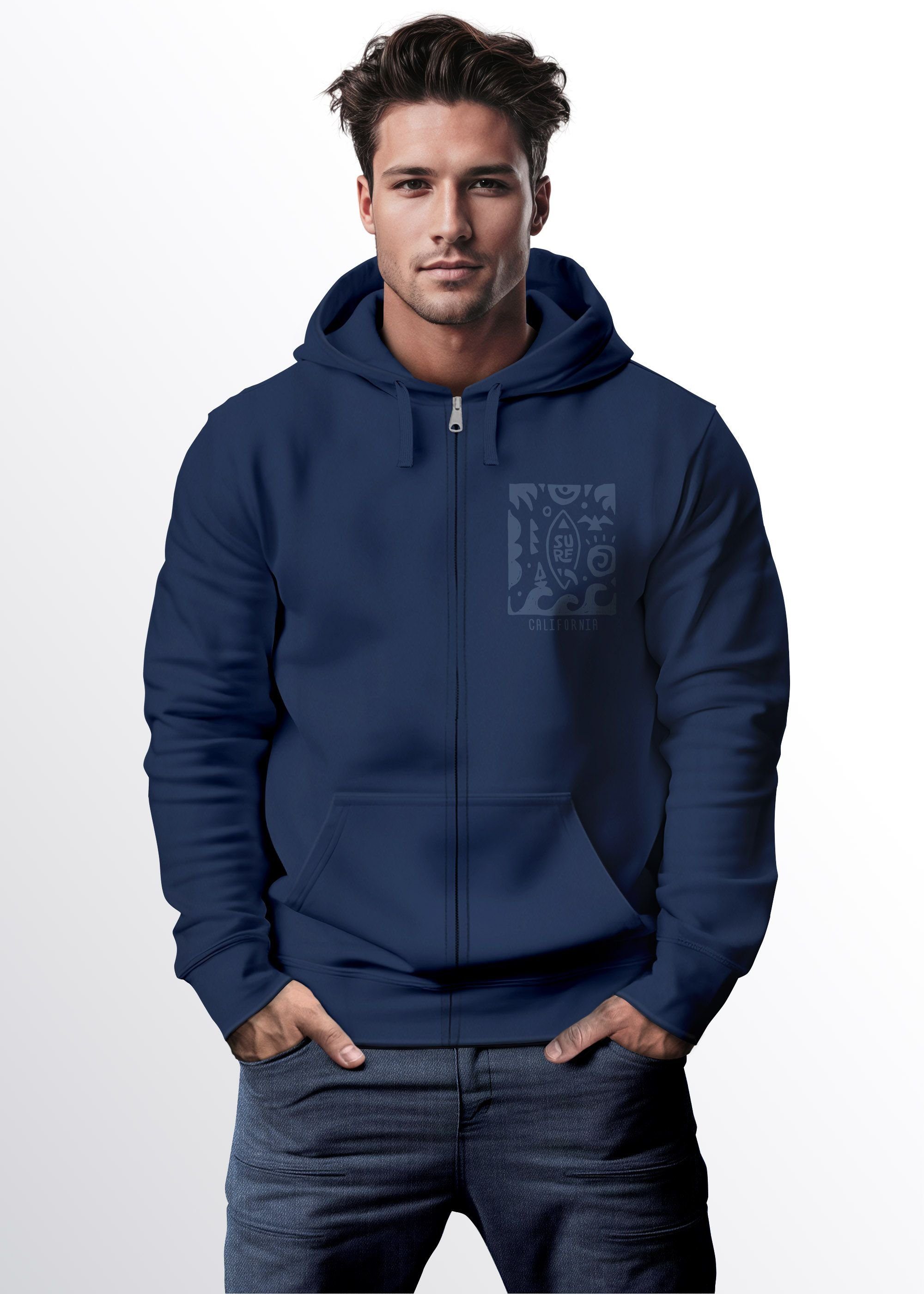 Neverless Sweatjacke Zip Hoodie Herren Sweatjacke mit Kapuze Print Aufdruck Motiv Zipjacke navy