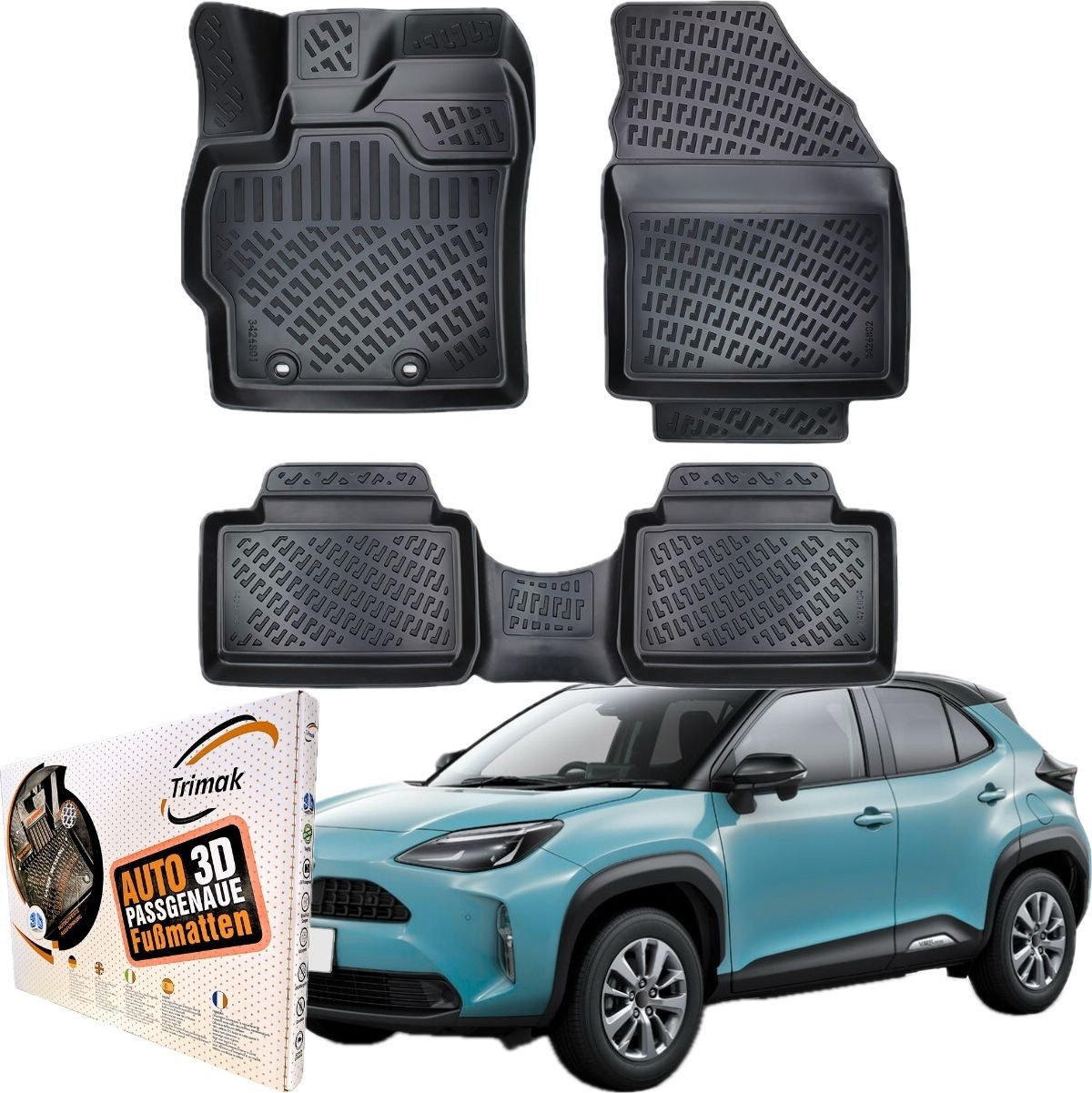 Trimak Passform-Fußmatten Oder Kofferraumwanne Oder Set für Toyota Yaris, Toyota Yaris Cross ab 2020 Gummimatten Auto TPE Allwetter Fussmatten