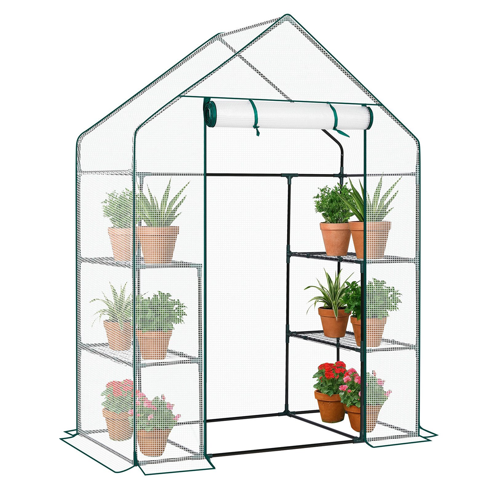 LALAHO Foliengewächshaus mit PE Gitterfolie Gewächshaus Treibhaus 143 x 73 x 195 cm, mit 4 Regalböden, Treibhaus für Garten, Tomatengewächshaus