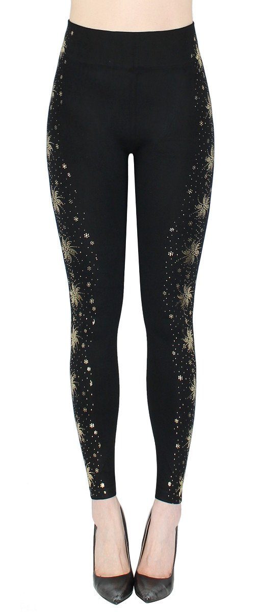 Glitzer Bund, mit mit Damen dy_mode Highwaist JL648-GoldenStars Druck Hochbund Glanz Schmetterling Leggings Leggins elastischem Leggings Muster