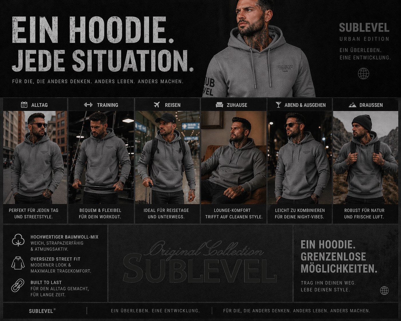 SUBLEVEL Kapuzenpullover Herren Zipper Hoody Jacke Pullover Hoodie Super Soft S-XXL Perfekte Passform Hochwertige Verarbeitung, Angenehm weich & bequem