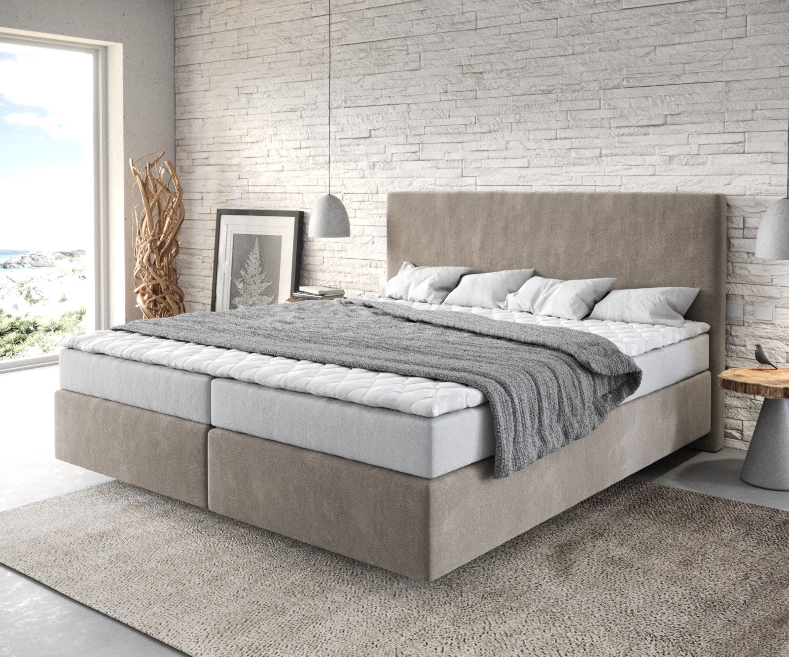 DELIFE Boxspringbett Dream-Well, Mikrofaser Beige 180x200 cm mit Matratze und Topper