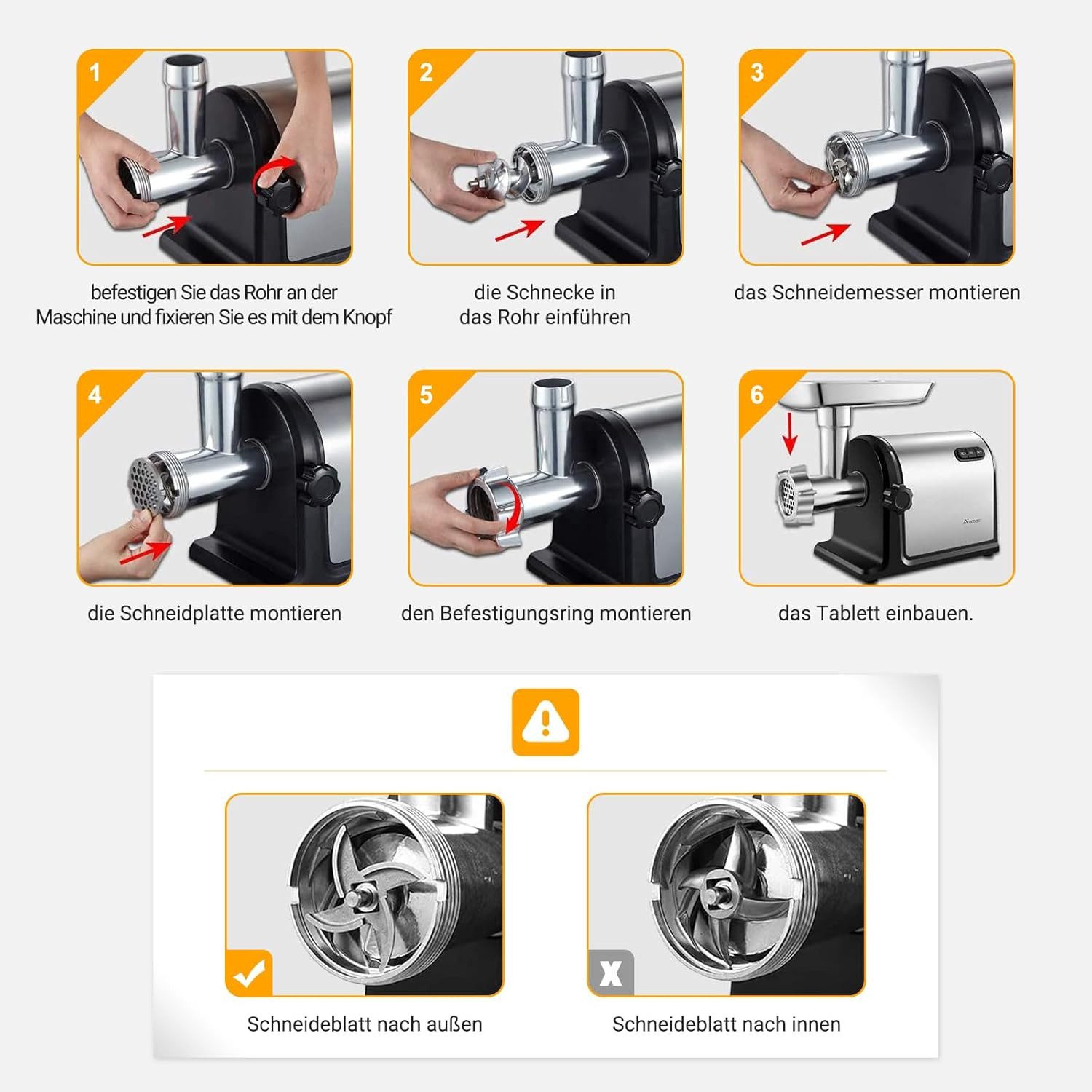 AMZCHEF Fleischwolf CE-MG42OT0H, 3000,00 W, 3-In-1 mit 3 Edelstahl-Schleifplatten, 1 Kubbe and 3 Wurstfüllrohren