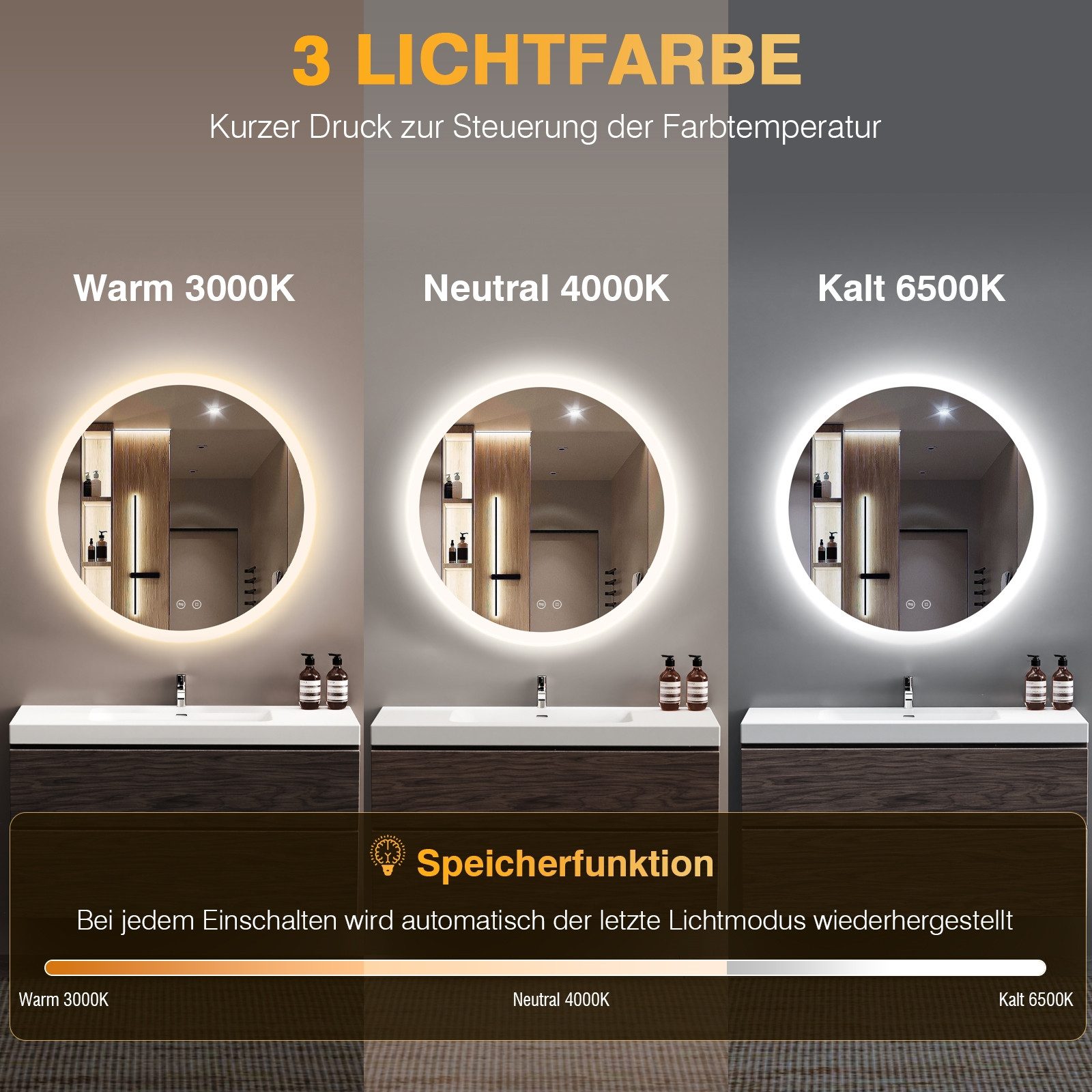 PESENXAN Badspiegel Badezimmerspiegel Wandspiegel, Runder Badspiegel mit Beleuchtung (1-St., mit Touchschalter und Explosionsgeschütztes Glas), 3 Lichtfarben dimmbar