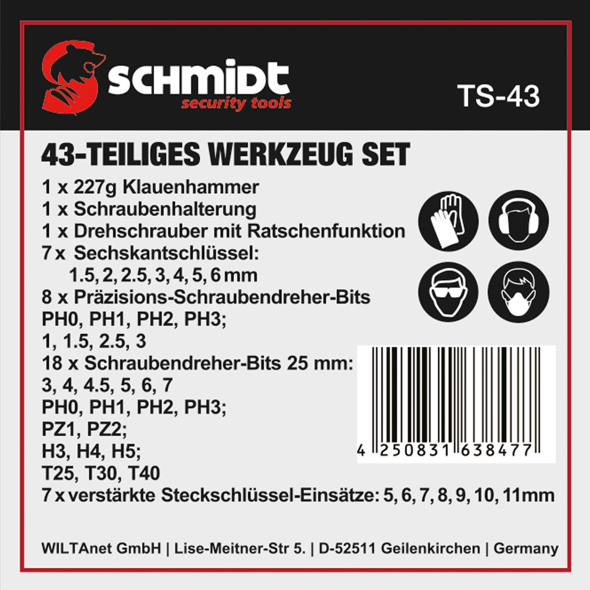 SCHMIDT Set TS-43 Werkzeugkoffer Werkzeugset Box 43-teilig Werkzeugsatz tools Handwerkzeug security