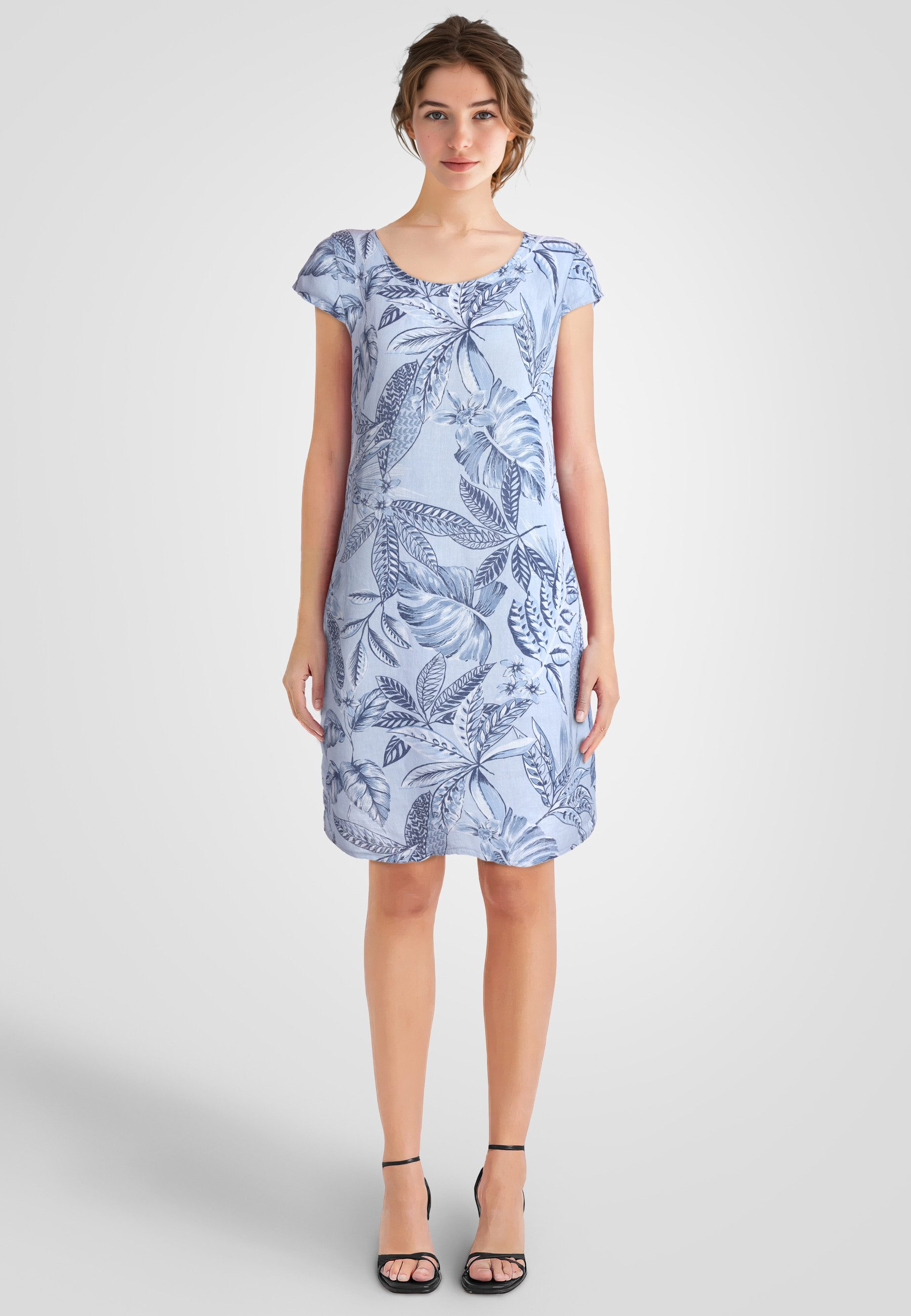 PEKIVESSA Sommerkleid Leinenkleid knielang kurzarm mit floralem Muster