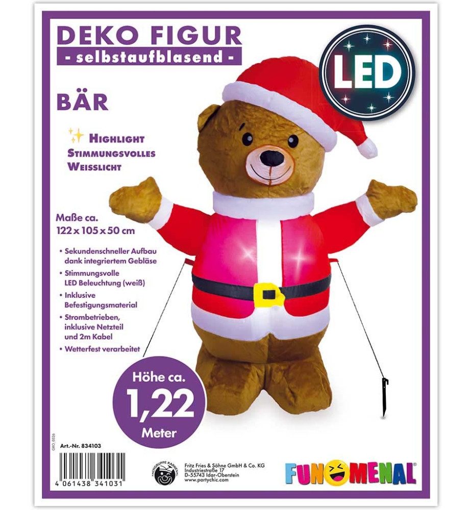 Fries Aufblasbares Partyzubehör XXL Selbstaufblasender Nikolaus Bär Garten Deko mit LED Weihnachten, Sekundenschneller Aufbau dank Integriertem Gebläse