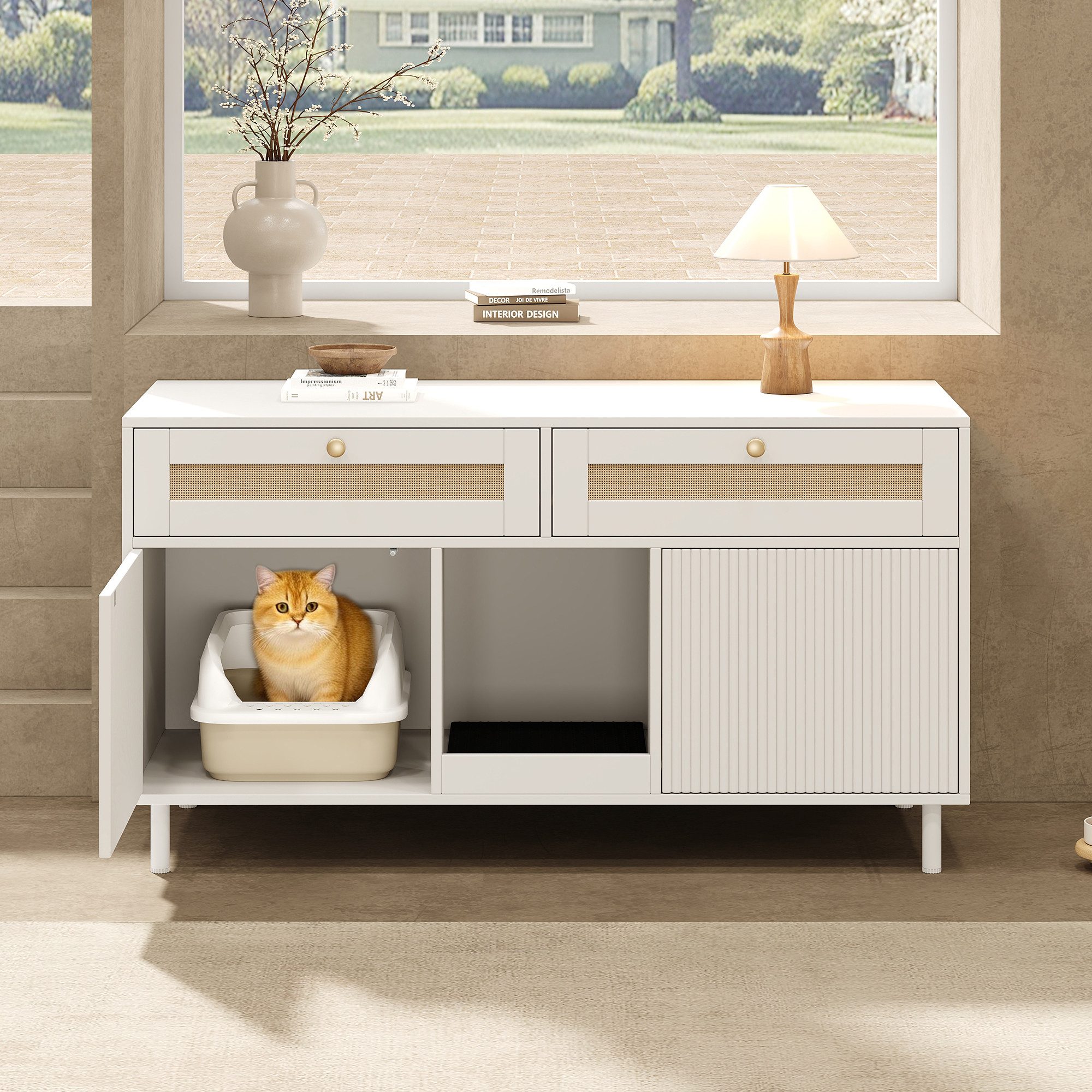 Flieks Mehrzweckschrank Katzentoilettenschrank mit Katzenstreufangmatte und Rattan-Schubladen (1-St., 120x50x65 cm) Katzenstreuwanne-Schrank Tierhaus Sideboard  – Bild 4 von 5