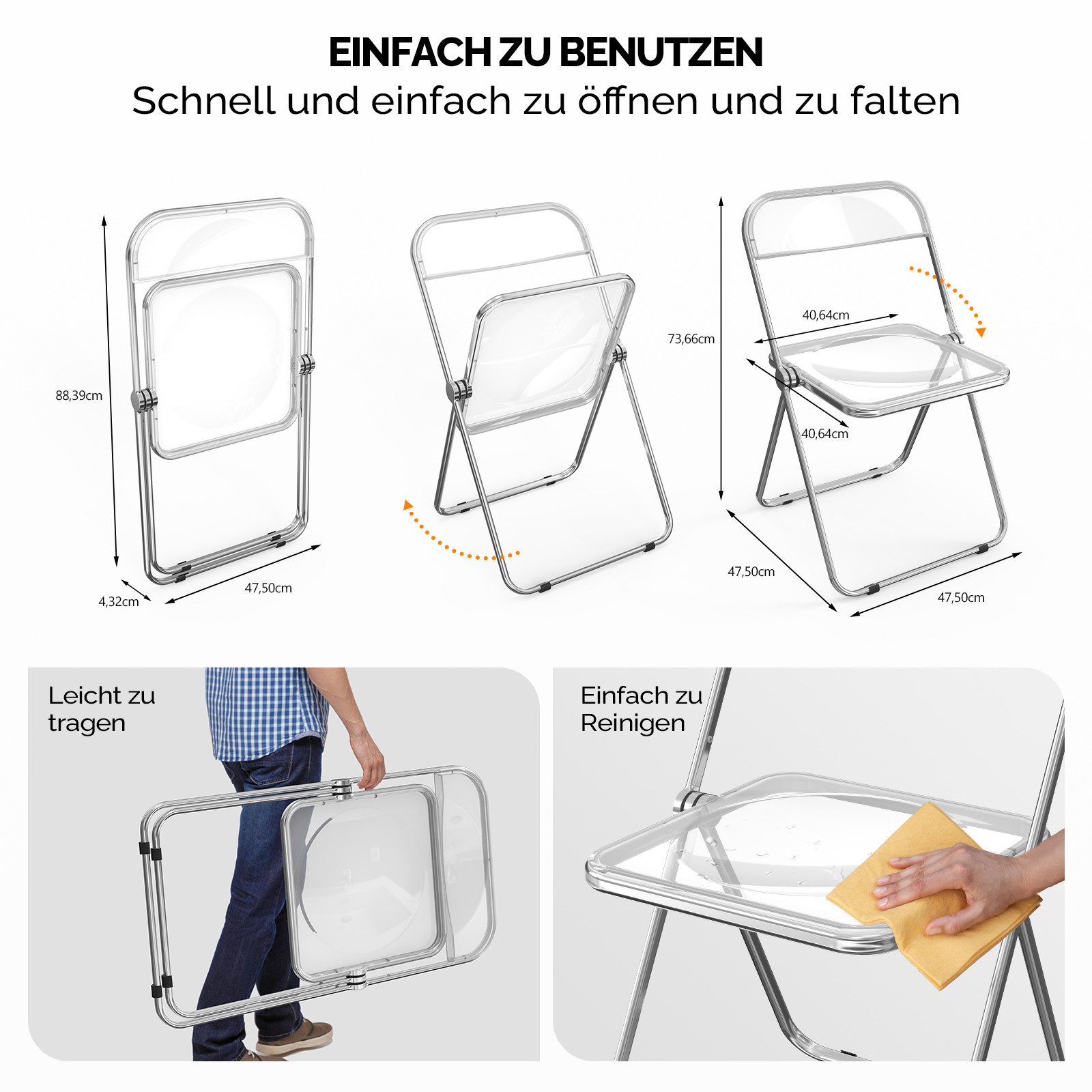 VINGLI Klappstuhl 2er/4er/6er/8er/10/12er Set, Klappstühle aus Metall & Kunststoff (2 St), für Innen- & Außenbereich, bis 159KG, Schwarz/Weiß/Transparent – Bild 2 von 5