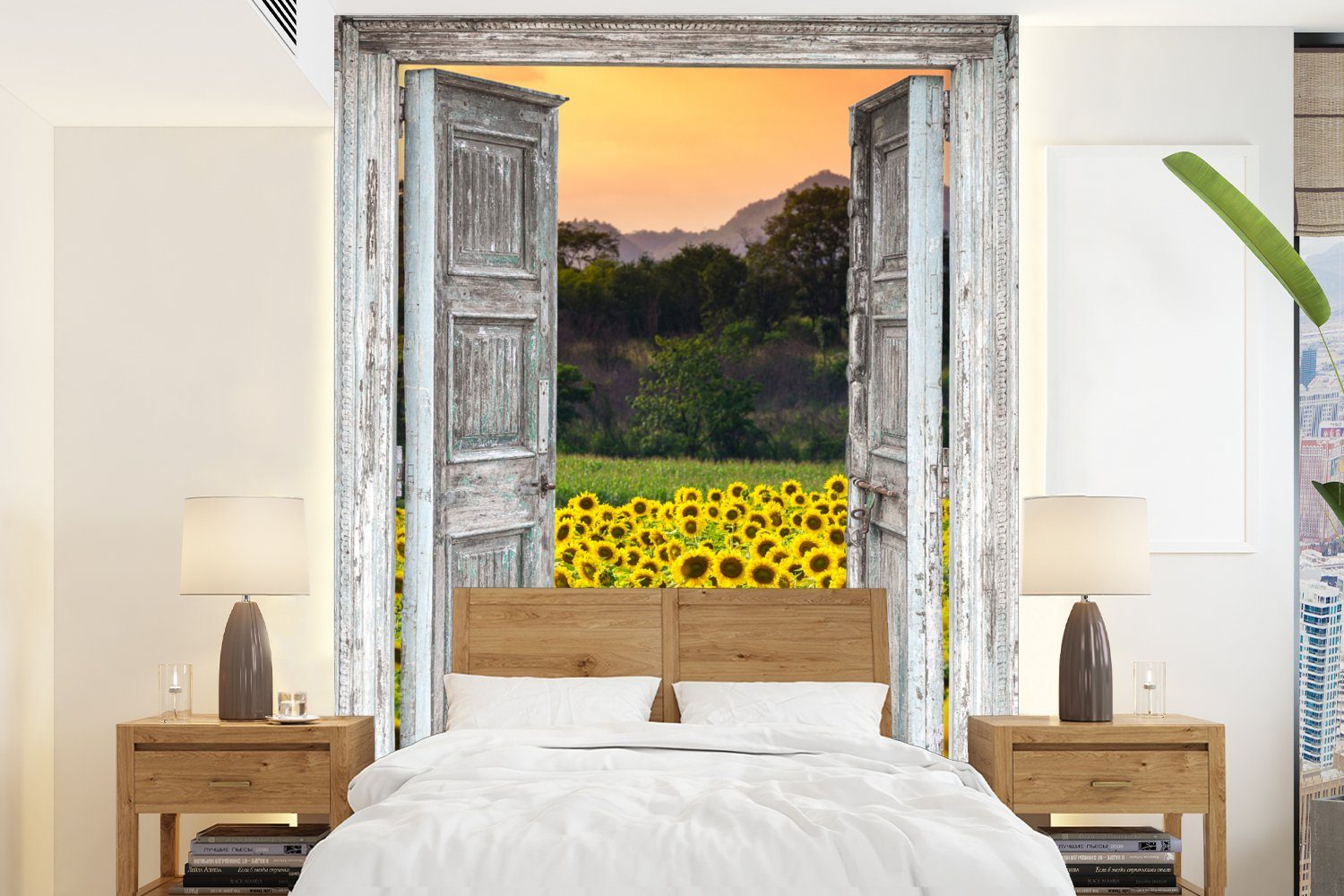 MuchoWow Fototapete Sonnenblume - Abend - Blumen - Ansicht, Matt, bedruckt, (4 St), Montagefertig Vinyl Tapete für Wohnzimmer, Wandtapete