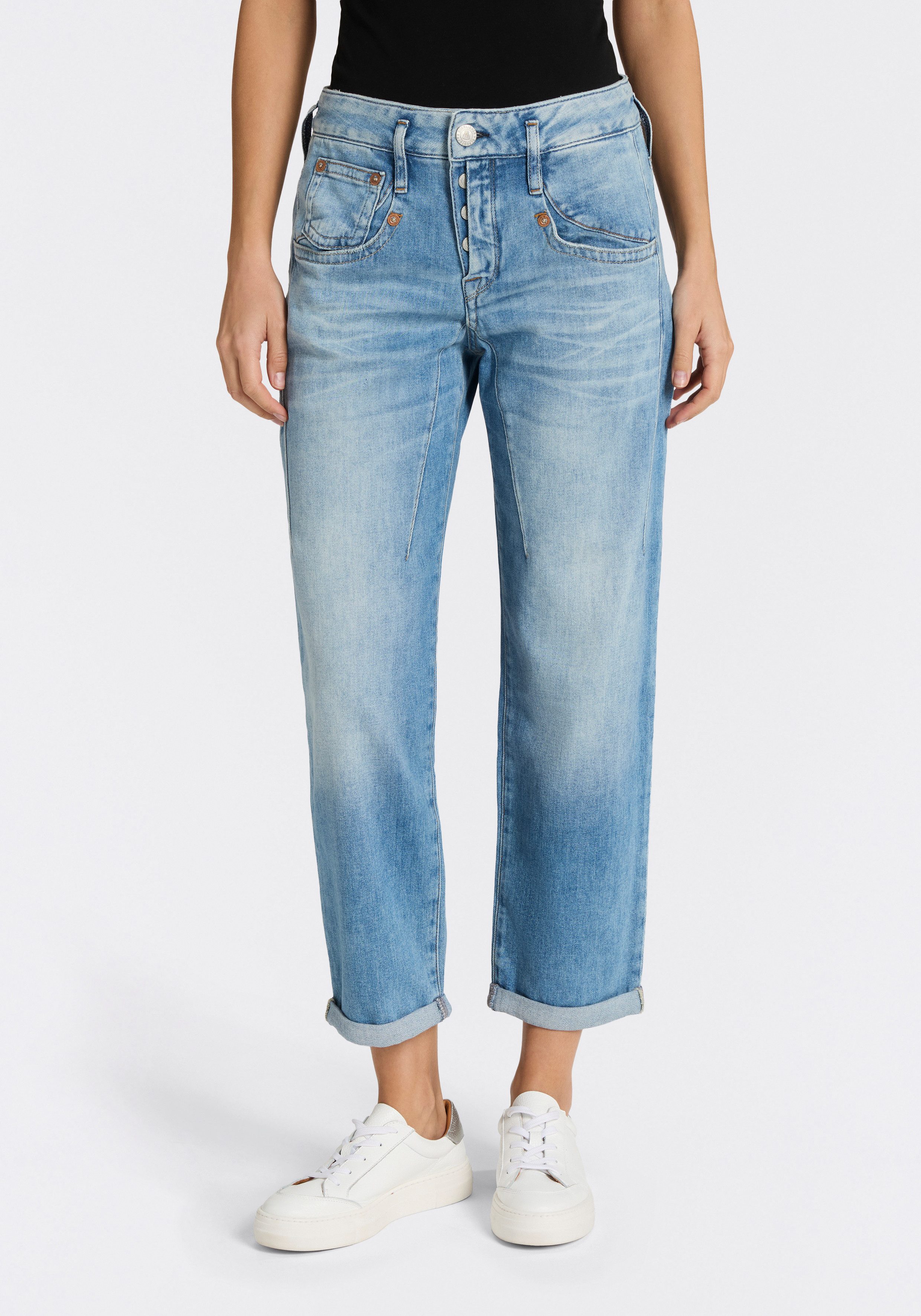 Herrlicher Boyfriend-Jeans Shyra Tap Denim Stretch mit halb verdeckter Knopfleiste, High Waist