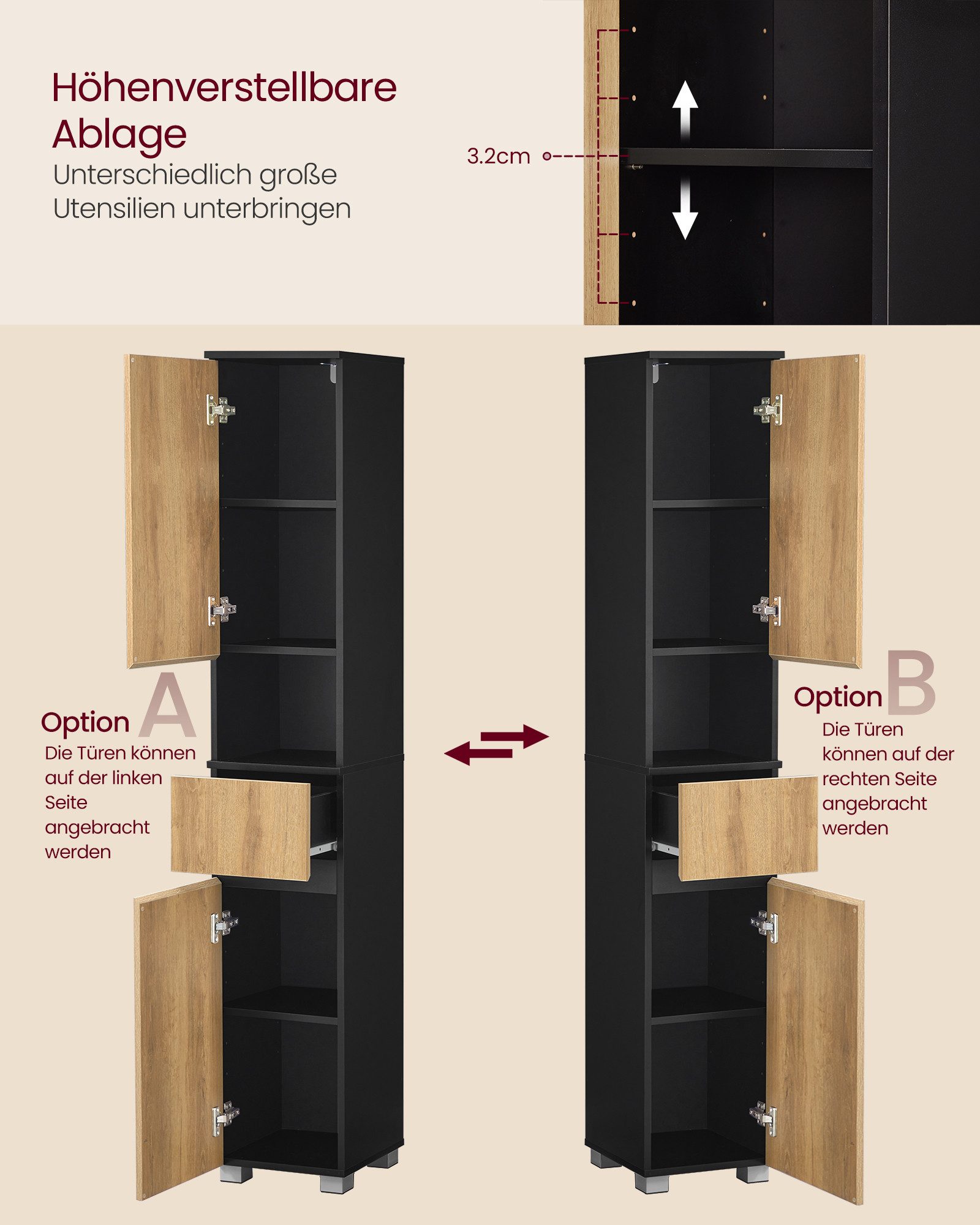 VASAGLE Badkommode Badezimmerschrank Badschrank verstellbare Ablagen, 30 x 30 x 170,2 cm, mit einer Schublade, Badezimmermöbel, offenes Fach – Bild 4 von 5