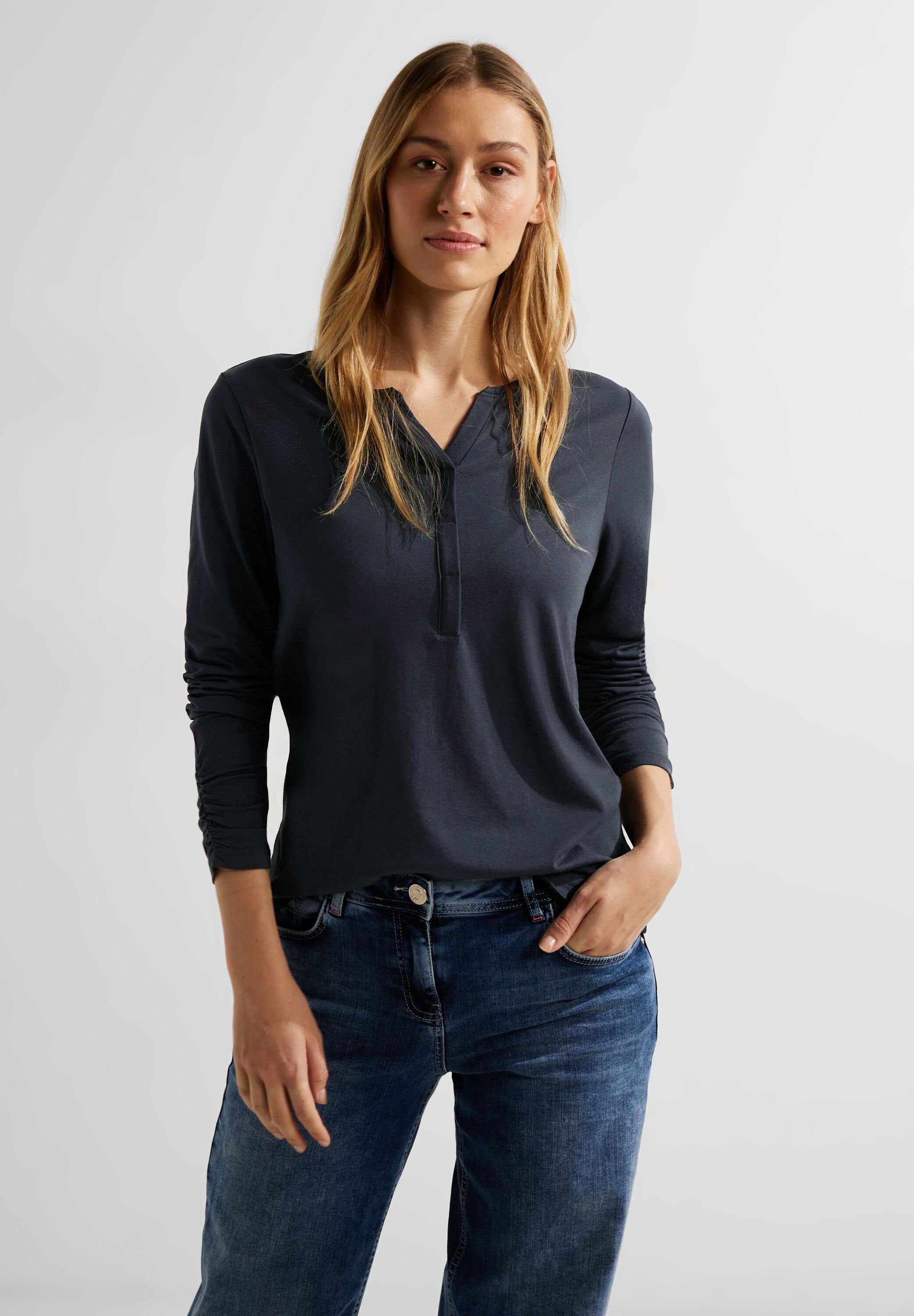 Cecil Tunikashirt Solid Split Neck Tunic Dekorative Fake-Knopfleiste am Ausschnitt, Raffung an den Ärmeln night sky blue