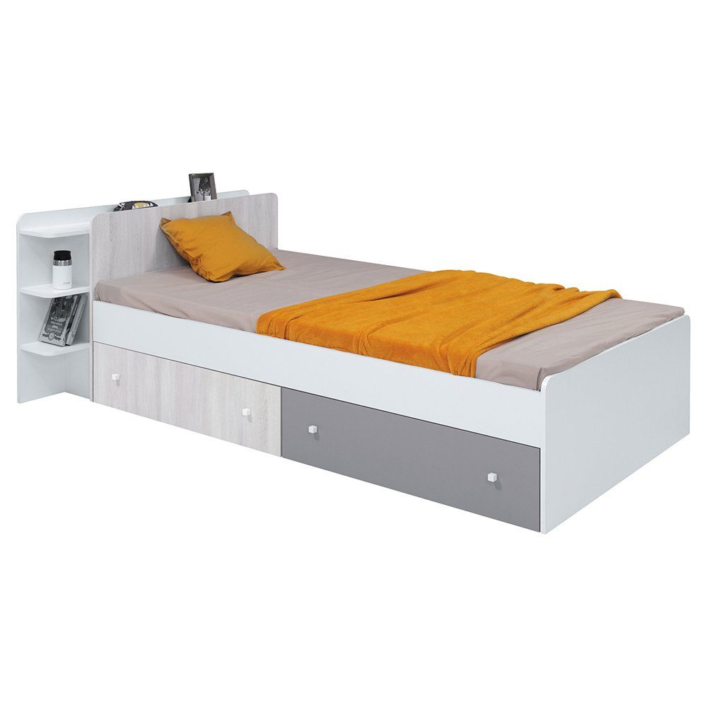 Lomadox Bett COLLINS-133, 90x200, 2 Bettschubladen auf Rollen, Regal, weiß, grau