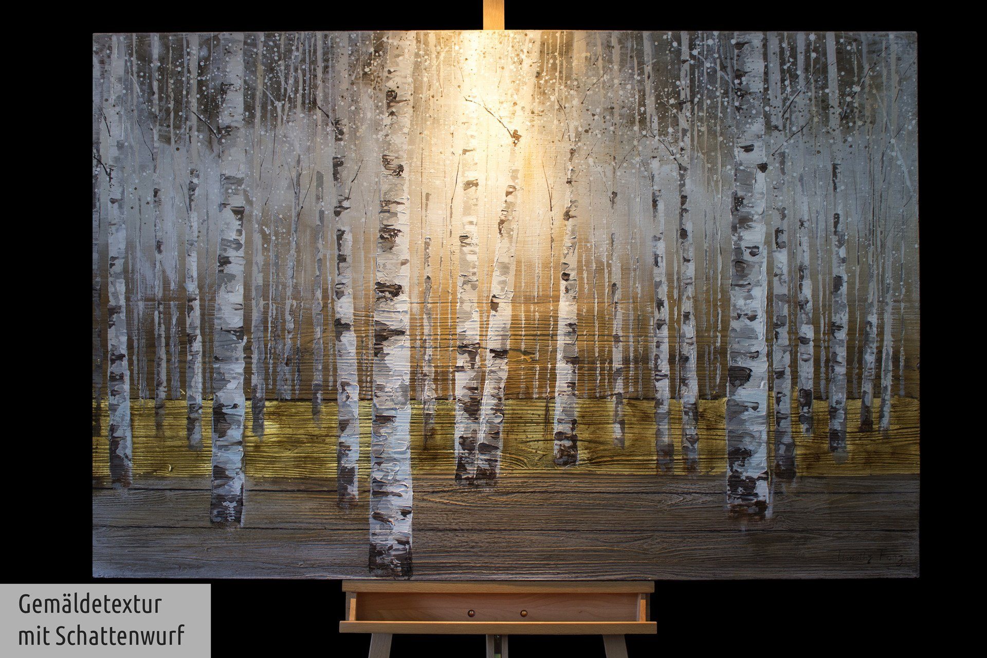 KUNSTLOFT Gemälde Morgentau im Birkenwald 100% HANDGEMALT 150x100 Leinwandbild cm, Wohnzimmer Wandbild