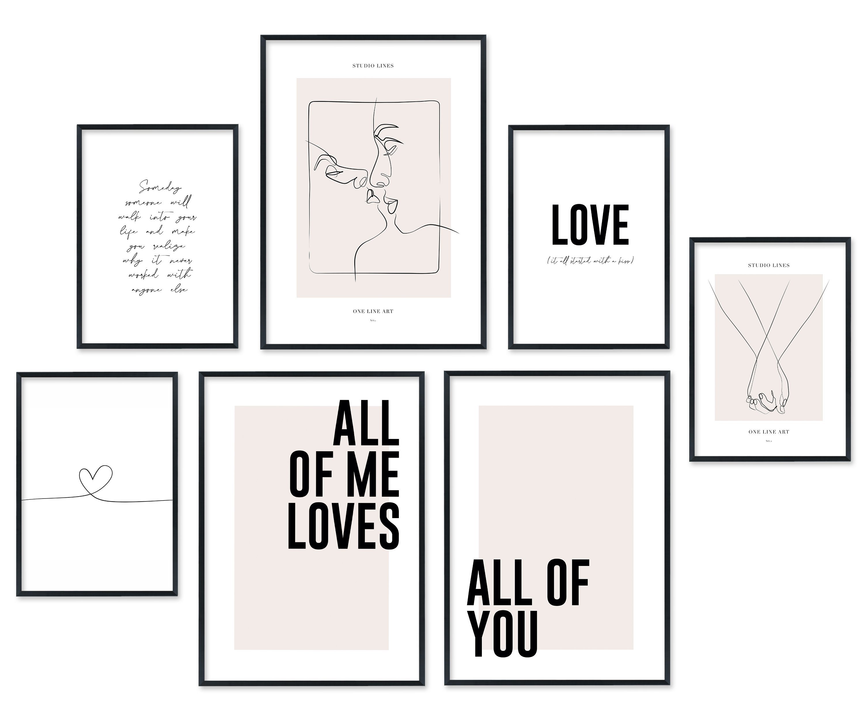 Hyggelig Home Плакат Paarliebe - Premium Плакат Set OHNE & MIT Rahmen - Wandbilder Line Art, Emotion (Set, 7 St), Collage schwarz weiß, Qualitätsdruck dickes Papier