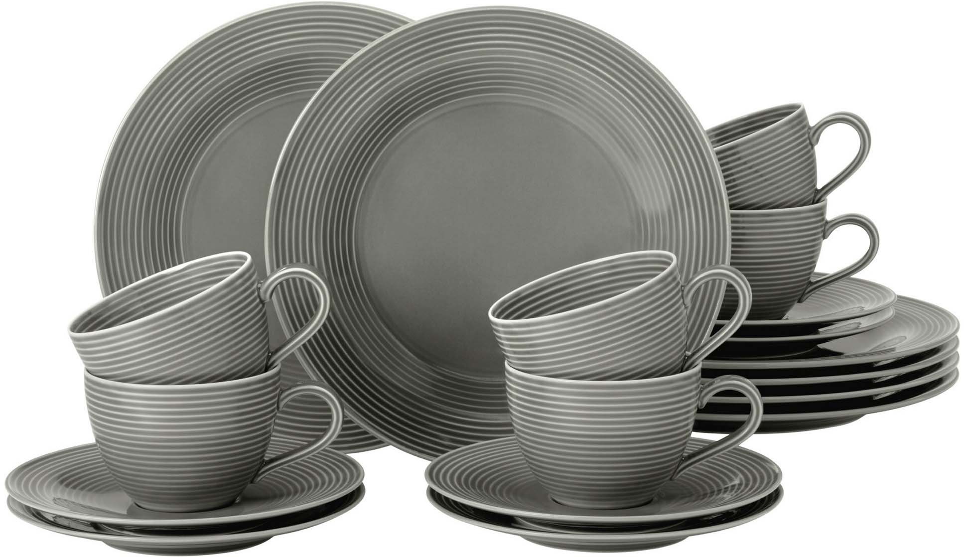 Seltmann Weiden Kaffeeservice Geschirr-Set, Service Beat (18-tlg), 6 Personen, Porzellan, Teller, Tassen, Untertassen, Rillendekor, 18 Teile, für 6 Personen