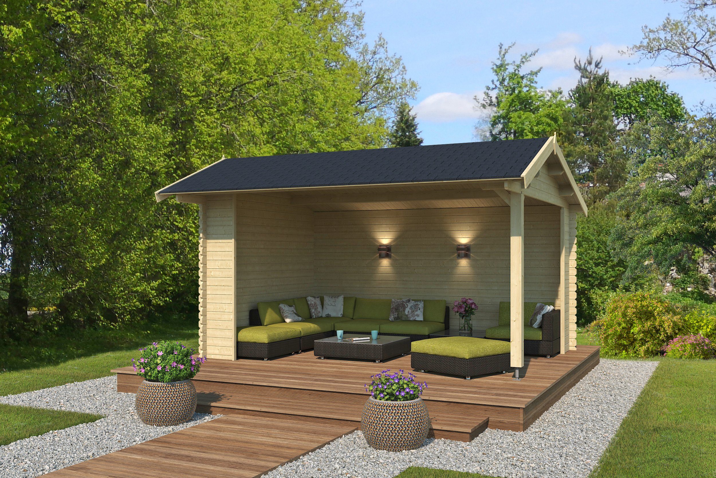 LASITA MAJA Gartenhaus Unterstand/Lounge San Diego, BxT: 445x389 cm, Unterstand / Lounge 34mm, Fundamentmass 4250x3000, Naturbelassen