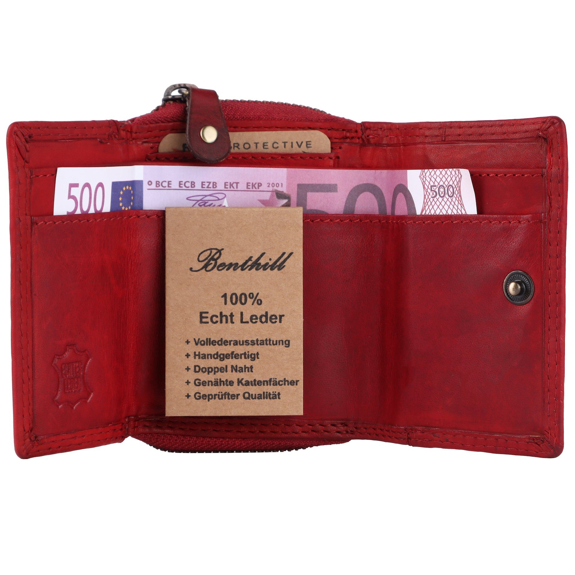 Mini Schutz, Kartenfächer Portemonnaie Mini Reißverschlussfach Rot Kleine Münzfach Geldbörse Benthill Minibörse Leder RFID RFID-Schutz Geldbörse Echt