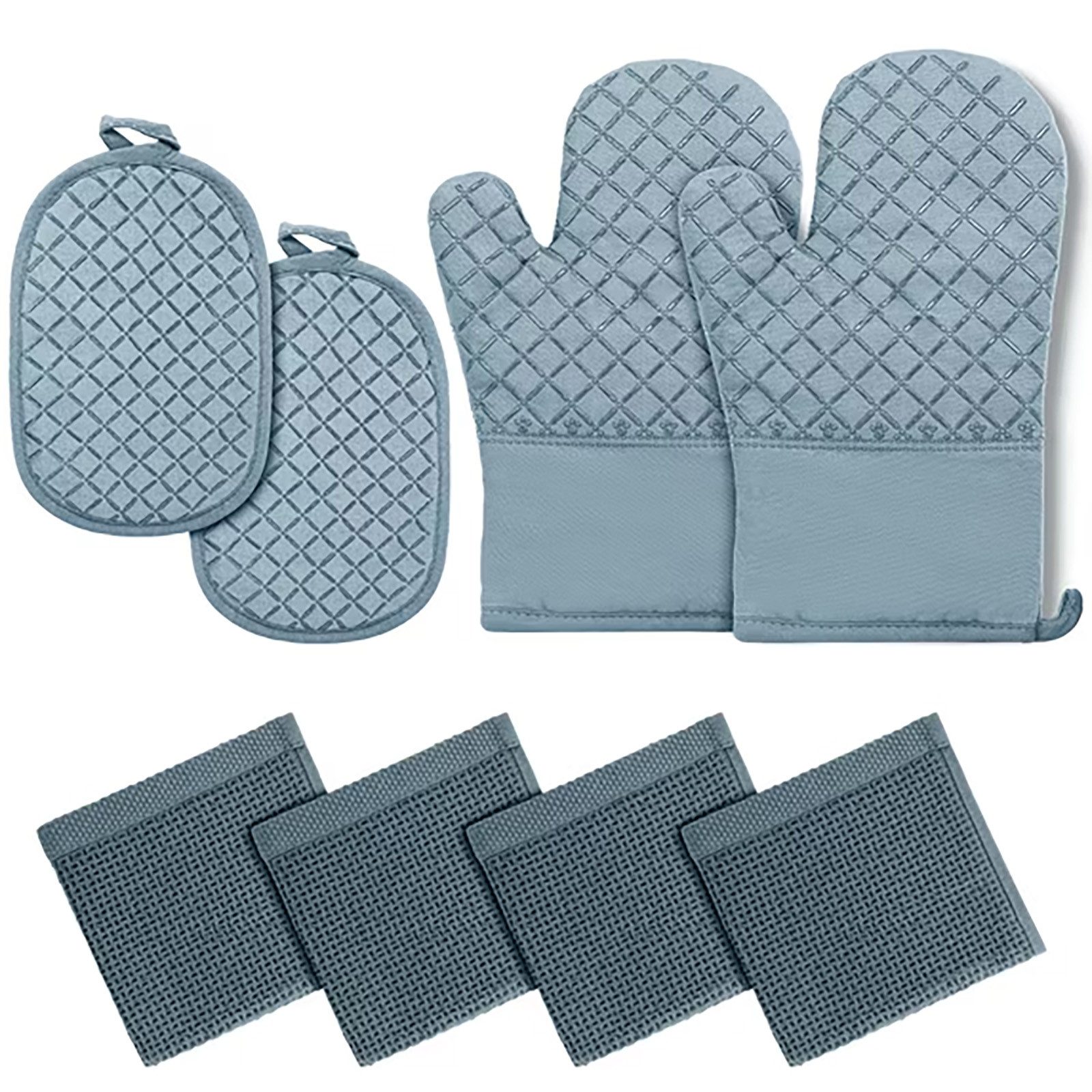 HUGERSTONE Topflappen Topfhandschuhe Hitzebestaendig bis 260°C, Rutschfeste Backhandschuhe, (Set, 8-tlg, 2 x Ofenhandschuhe + 2 x Topflappen + 4 x Geschirrtuch), Verlängern Kochhandschuhe, Topflappen Set für Backen, Küche und Kochen
