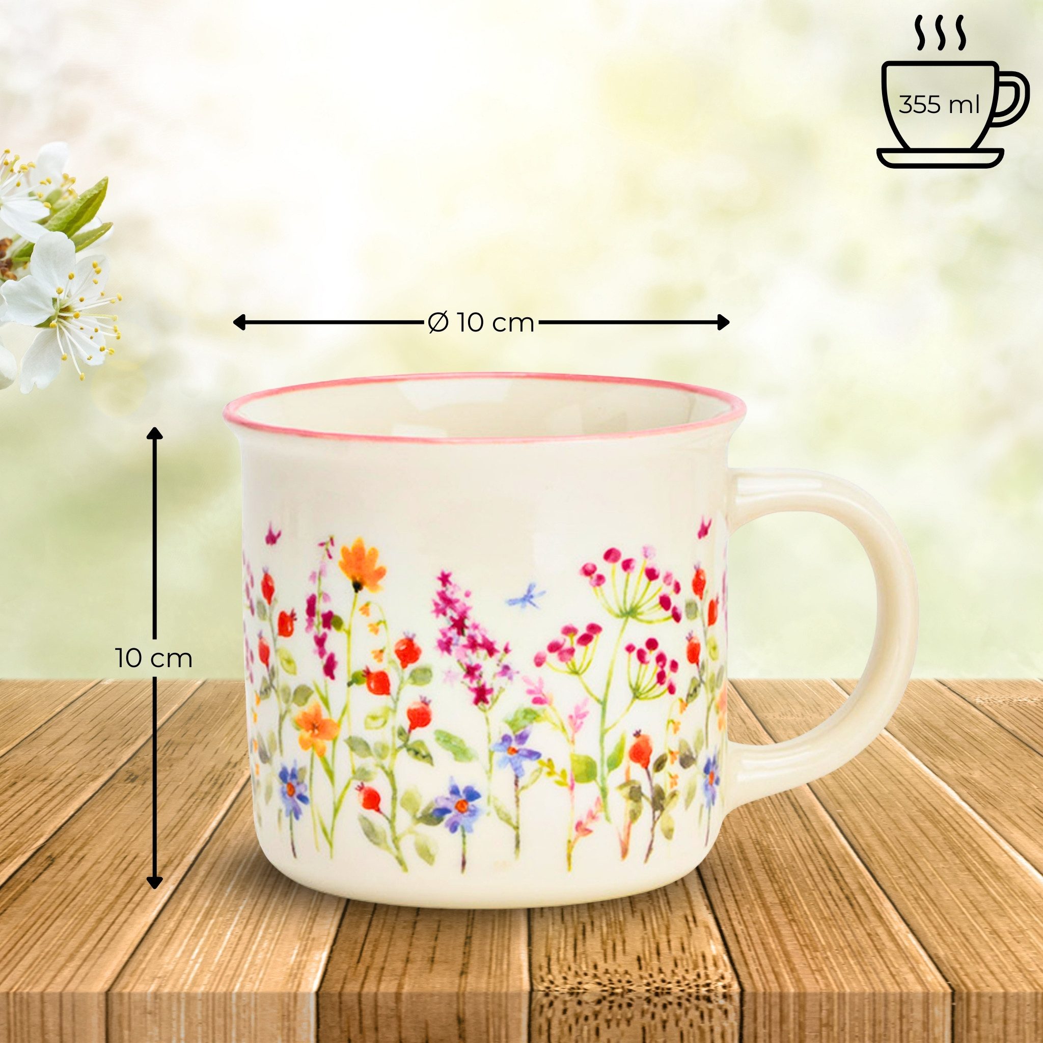 matches21 HOME & HOBBY Tasse Kaffeetassen Blumenwiese, 4er Set Kaffeetasse Bunt, 4-tlg., Porzellan, Frühstückstasse 355 ml mit floralem Design