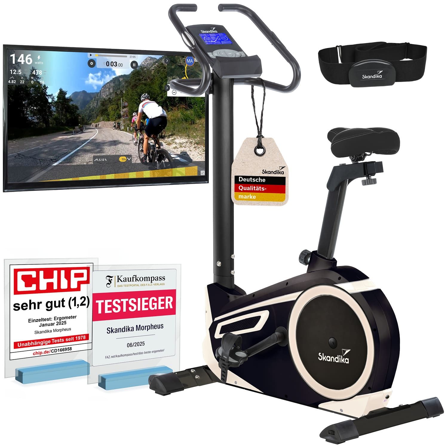 Skandika Heimtrainer Fahrrad Morpheus, Ergometer für Zuhause, Fitnessbike bis 150 kg (Bluetooth, Tablet-/Smartphone-Halterung, Transportrollen), 12kg Schwungmasse, 32 Stufen, 24 Programme, kompatibel mit Kinomap/App