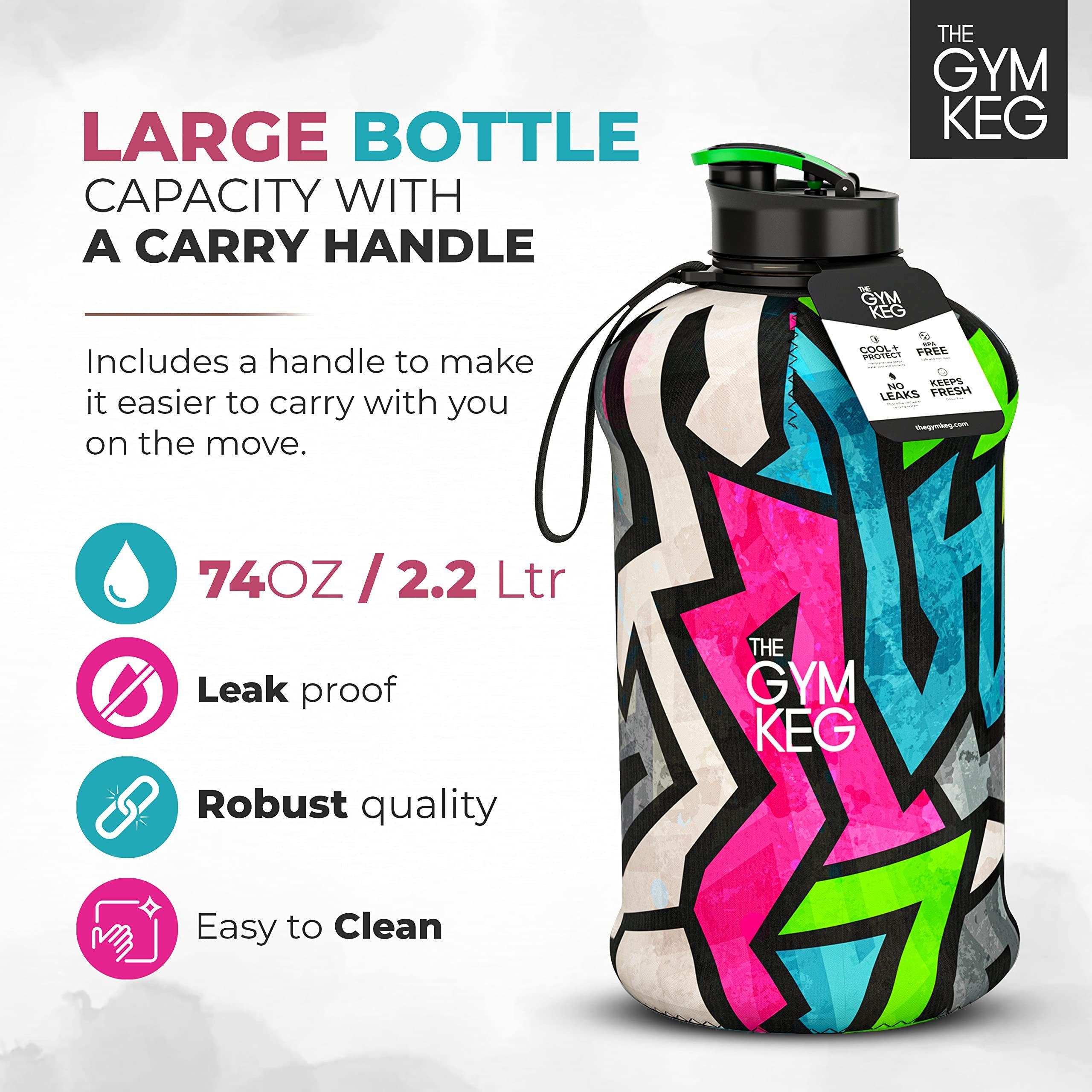 The Gym Keg Trinkflasche 2.2L Griff, Liter 2.2 und Gym mit Sleeve Rebel Neoprene Trinkflasche Wiederverwendbar, Ny